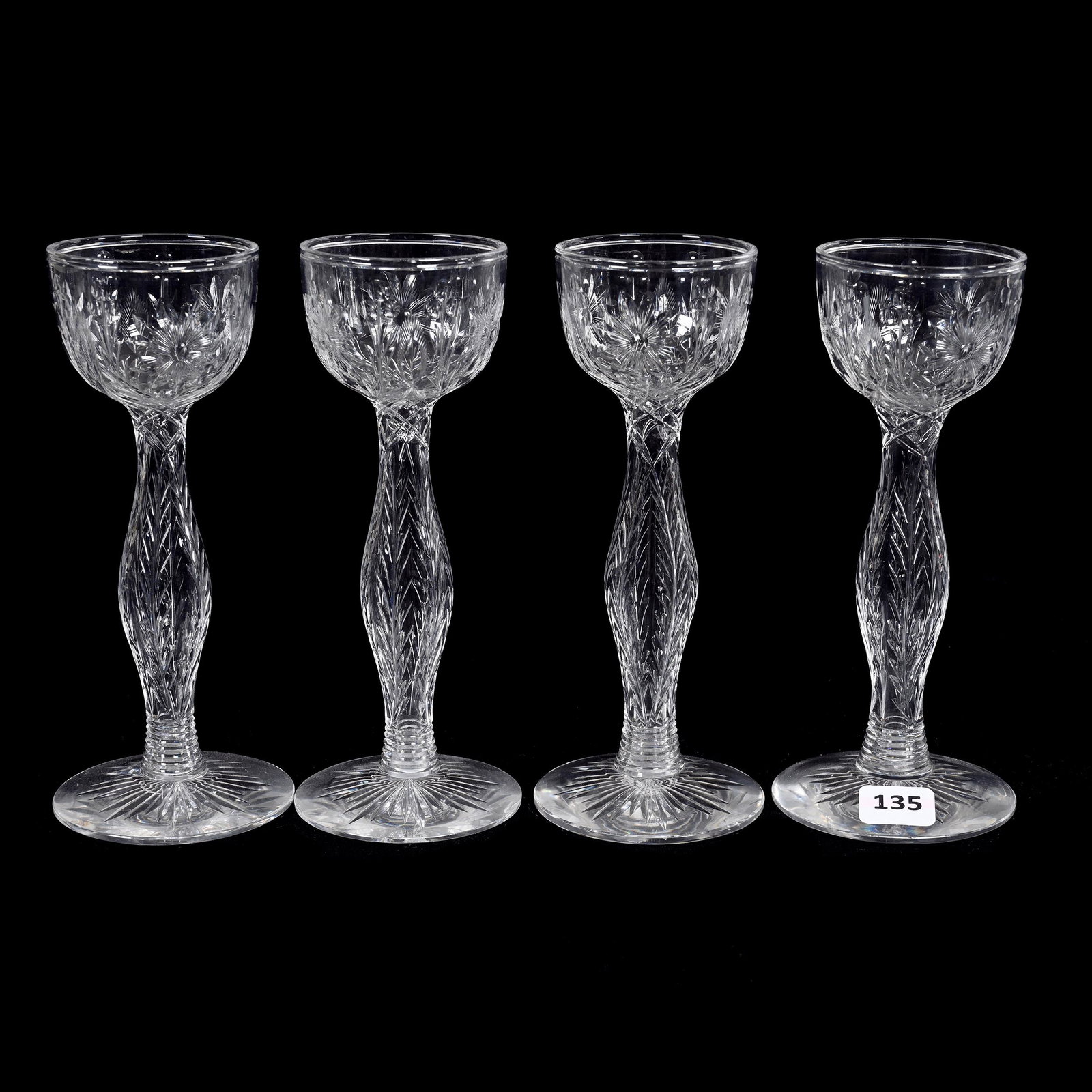 (4) Wine Stems, American Brilliant Cut Glass, Hollow Stem: (4) Wine Stems, American Brilliant Cut Glass, Hollow Stem, 6.5" x 2.75", Finely Engraved Floral Decor, Ray Cut Foot, Estate Of Dr. Barry and Dee Free.