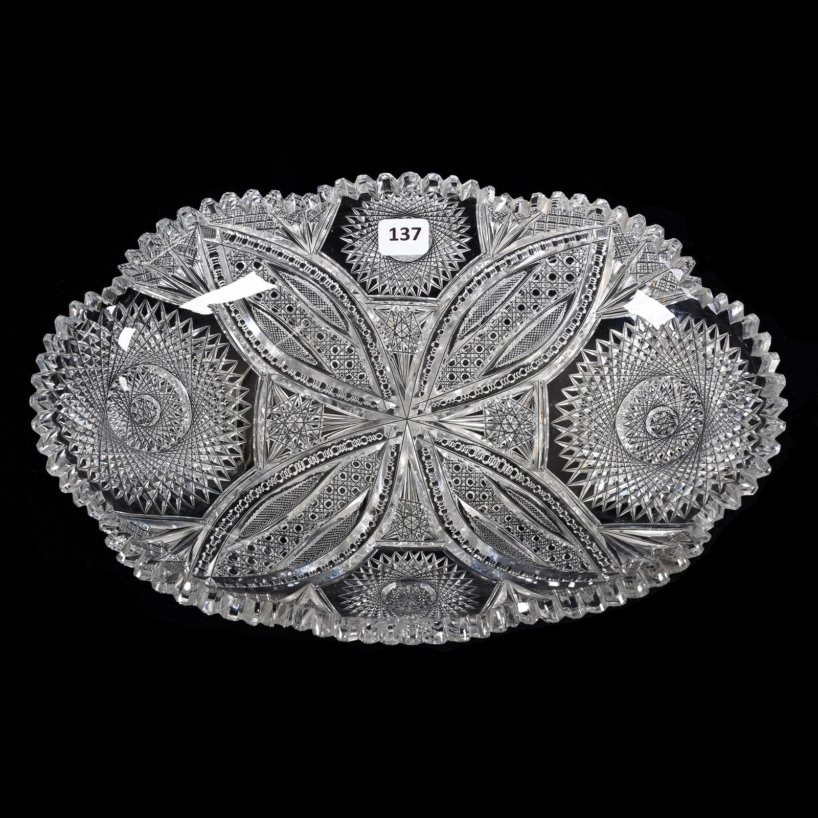 Bun Tray, American Brilliant Cut Glass: Bun Tray, American Brilliant Cut Glass, 12" x 7.75", Well Cut Hobstar, Vesica, Cane, Strawberry Diamond And Prism Motif, Estate Of Dr. Barry and Dee Free.