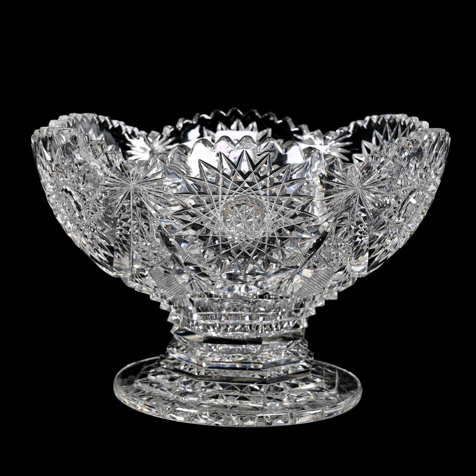 Pedestal Fruit Bowl, American Brilliant Cut Glass: Pedestal Fruit Bowl, American Brilliant Cut Glass, 5.5" x 8", Hobstar, Strawberry Diamond And Fan Motif, Stepcut Stem, Hobstar Foot, Clear Blank, Estate Of Dr. Barry and Dee Free.
