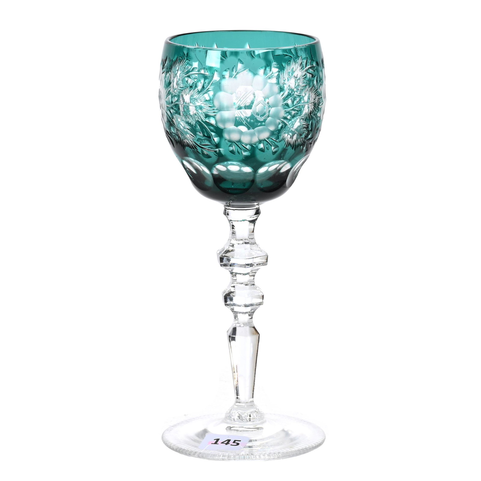 Wine Stem, Cut Glass, Dark Turquoise Cut To Clear: Wine Stem, Cut Glass, Dark Turquoise Cut To Clear, 7.75" x 3", Engraved Floral Decor, European Design, Unknown Cutter, Estate Of Dr. Barry and Dee Free.