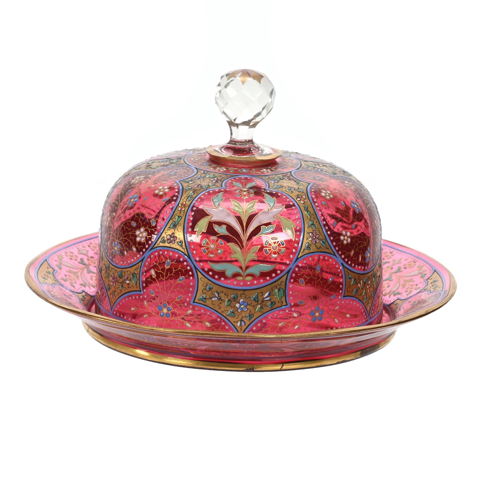 Covered Butterdish, Cranberry Bohemian Art Glass: Covered Butterdish, Cranberry Bohemian Art Glass, 5.5" x 9", Extensive Enamel Floral Decor, Unmarked, Small Nick Near Finial, Estate Of Dr. Barry and Dee Free.