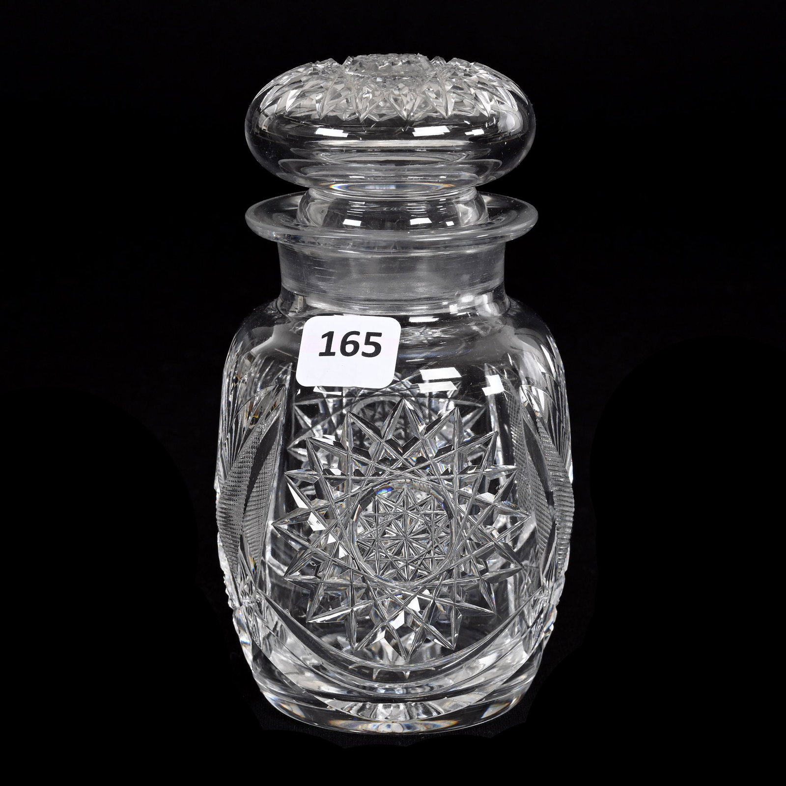 Covered Jar, American Brilliant Cut Glass: Covered Jar, American Brilliant Cut Glass, 6" x 3.25", Hobstar, Strawberry Diamond And Fan Motif, Hobstar Cut Lid, Ray Cut Base, Estate Of Dr. Barry and Dee Free.