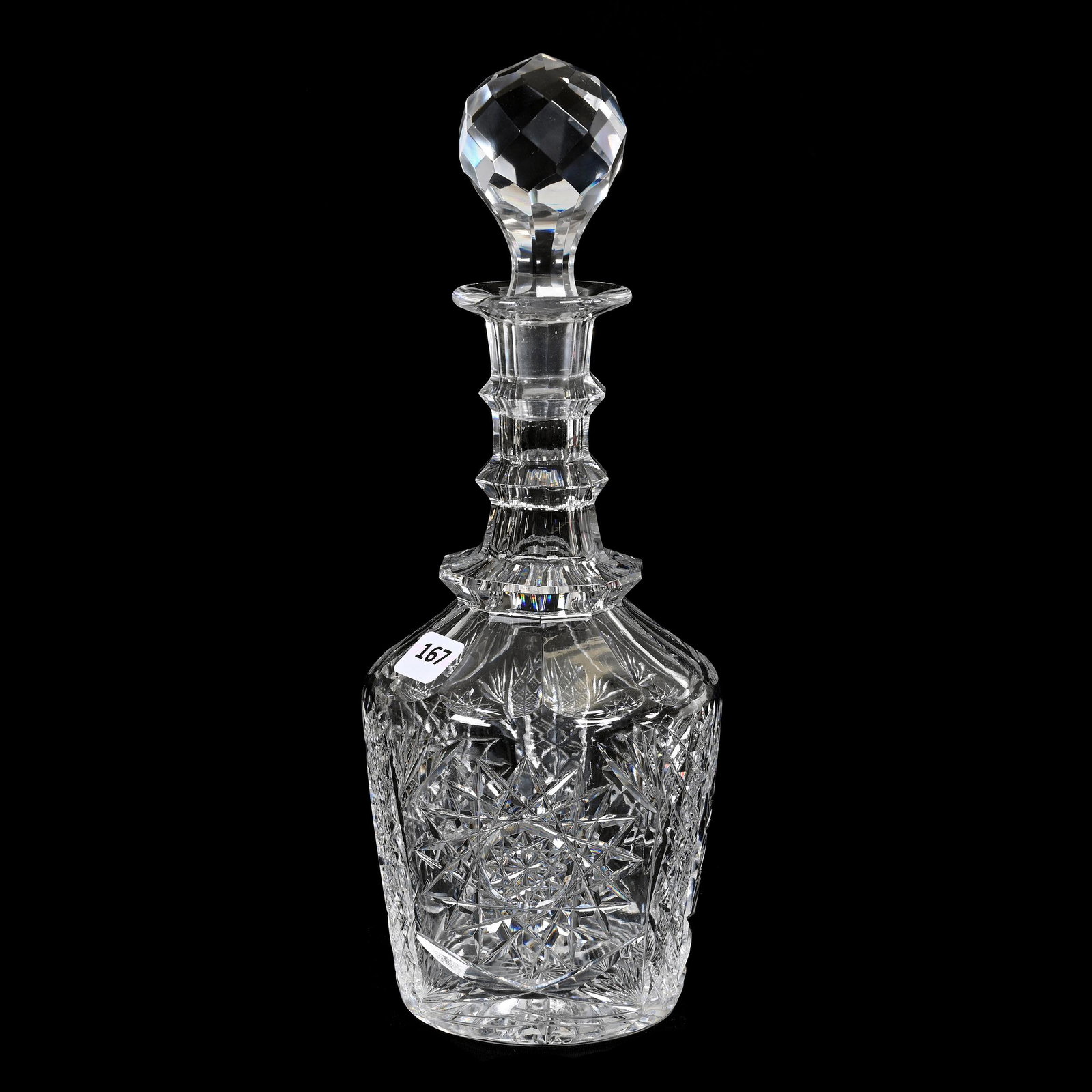 Decanter, American Brilliant Cut Glass: Decanter, American Brilliant Cut Glass, 11.75" x 4.25", Hobstar, Crosscut Diamond And Fan Motif, Triple Facet Cut Ring Neck, Ray Cut Base, Estate Of Dr. Barry and Dee Free.