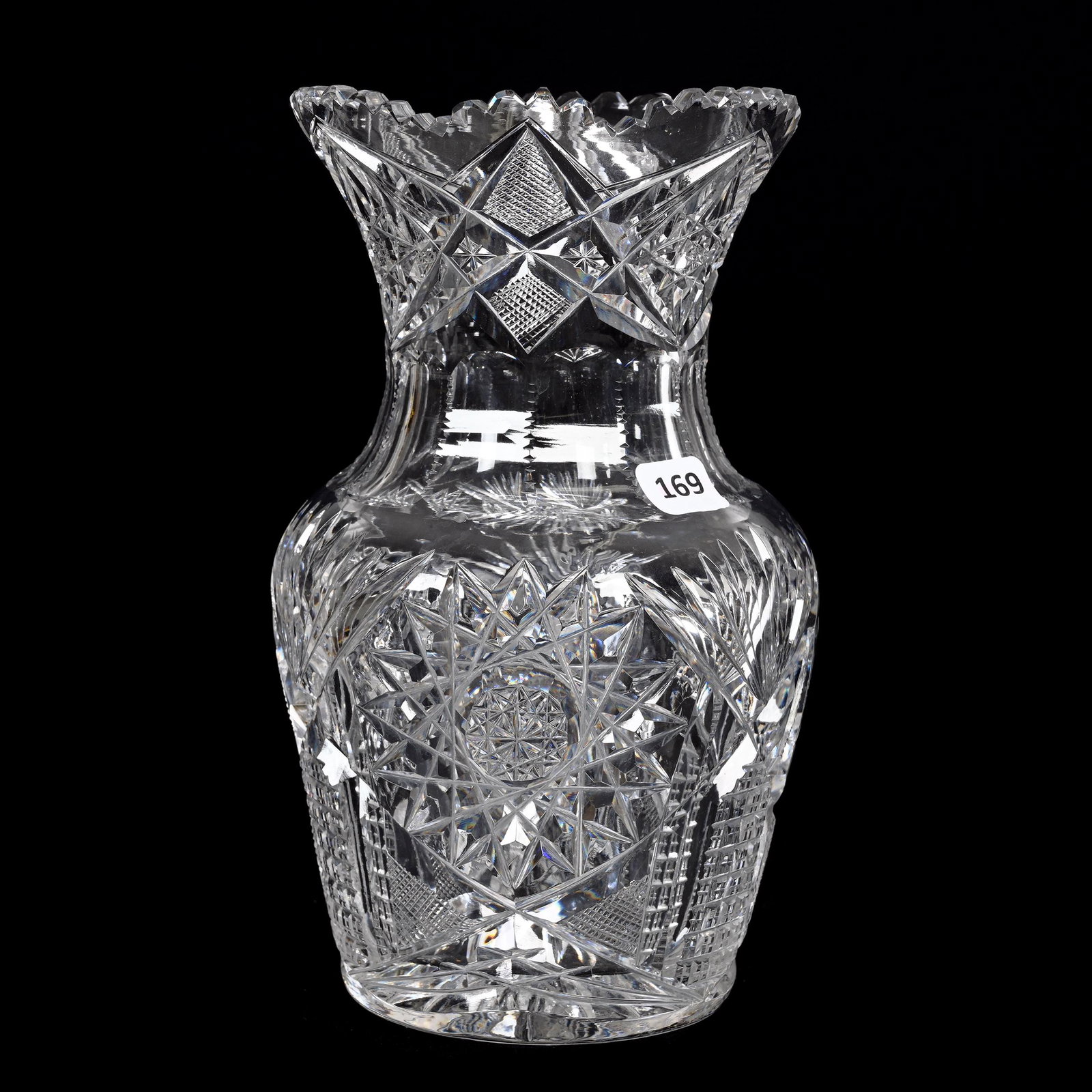 Vase, American Brilliant Cut Glass: Vase, American Brilliant Cut Glass, 9" x 5.5", Hobstar, Strawberry Diamond, Block, Prism And Fan Motif, Pattern Cut Rim, Ray Cut Base, Estate Of Dr. Barry and Dee Free.