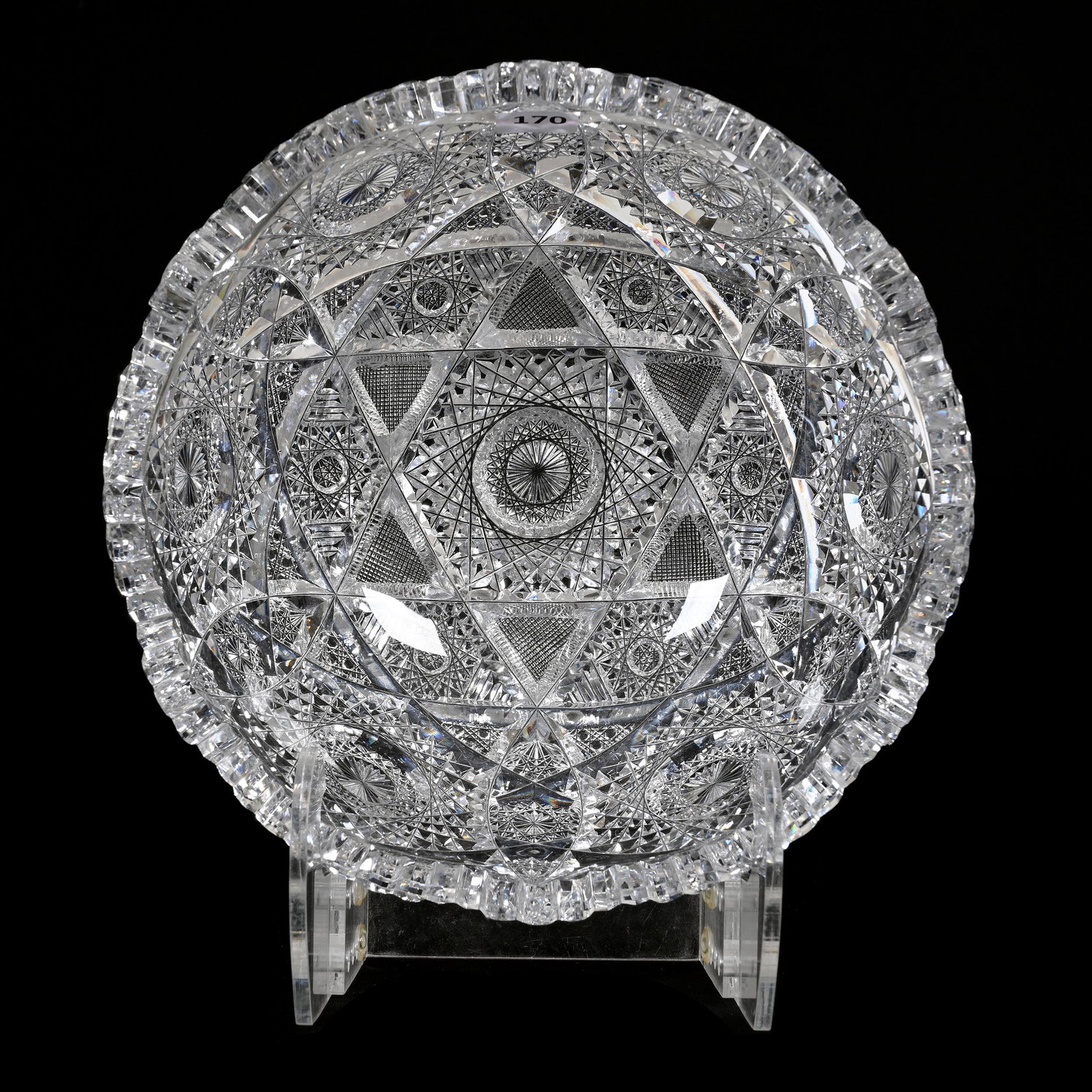 Bowl, American Brilliant Cut Glass: Bowl, American Brilliant Cut Glass, 4.25" x 9", Hobstar, Strawberry Diamond And Vesica Motif, Sharp Cutting, Some Tooth Chips, Estate Of Dr. Barry and Dee Free.