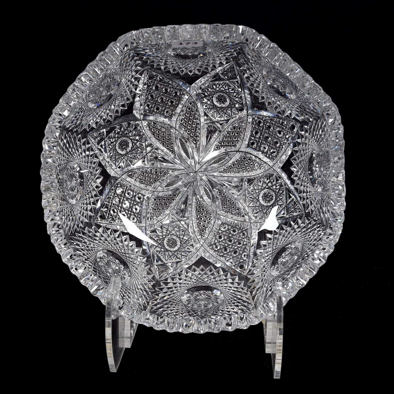 Bowl, American Brilliant Cut Glass, Eight-Sided: Bowl, American Brilliant Cut Glass, Eight-Sided, 3.5" x 9", Hobstar, Vesica, Cane And Nailhead Diamond Motif, Two Tooth Chips, Estate Of Dr. Barry and Dee Free.