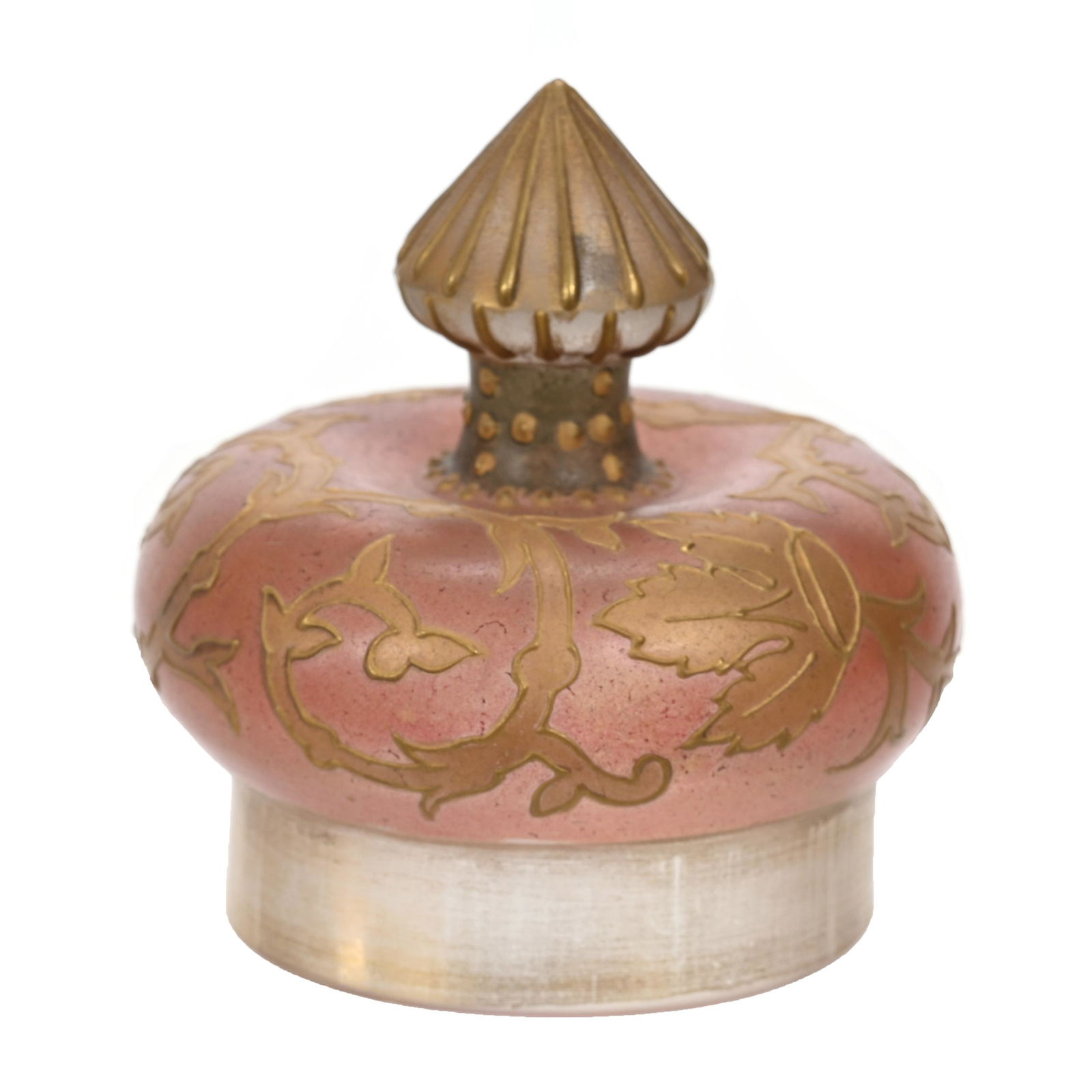 Lid, Unmarked Royal Flemish Art Glass: Lid, Unmarked Royal Flemish Art Glass, 2.5" x 2.25", Gold Enamel Trim Highlights, Good Finial, 1.875" Rim Diameter, Estate Of Dr. Barry and Dee Free.