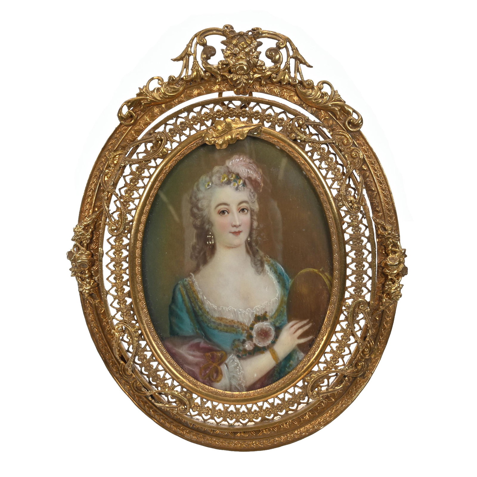 Hand Painted Portrait, Framed: Hand Painted Portrait, Framed, 5.25" x 4", Classic Portrait Of Young Woman Holding Tambourine, Mounted In Elaborate Gilt Frame, Estate Of Dr. Barry and Dee Free.