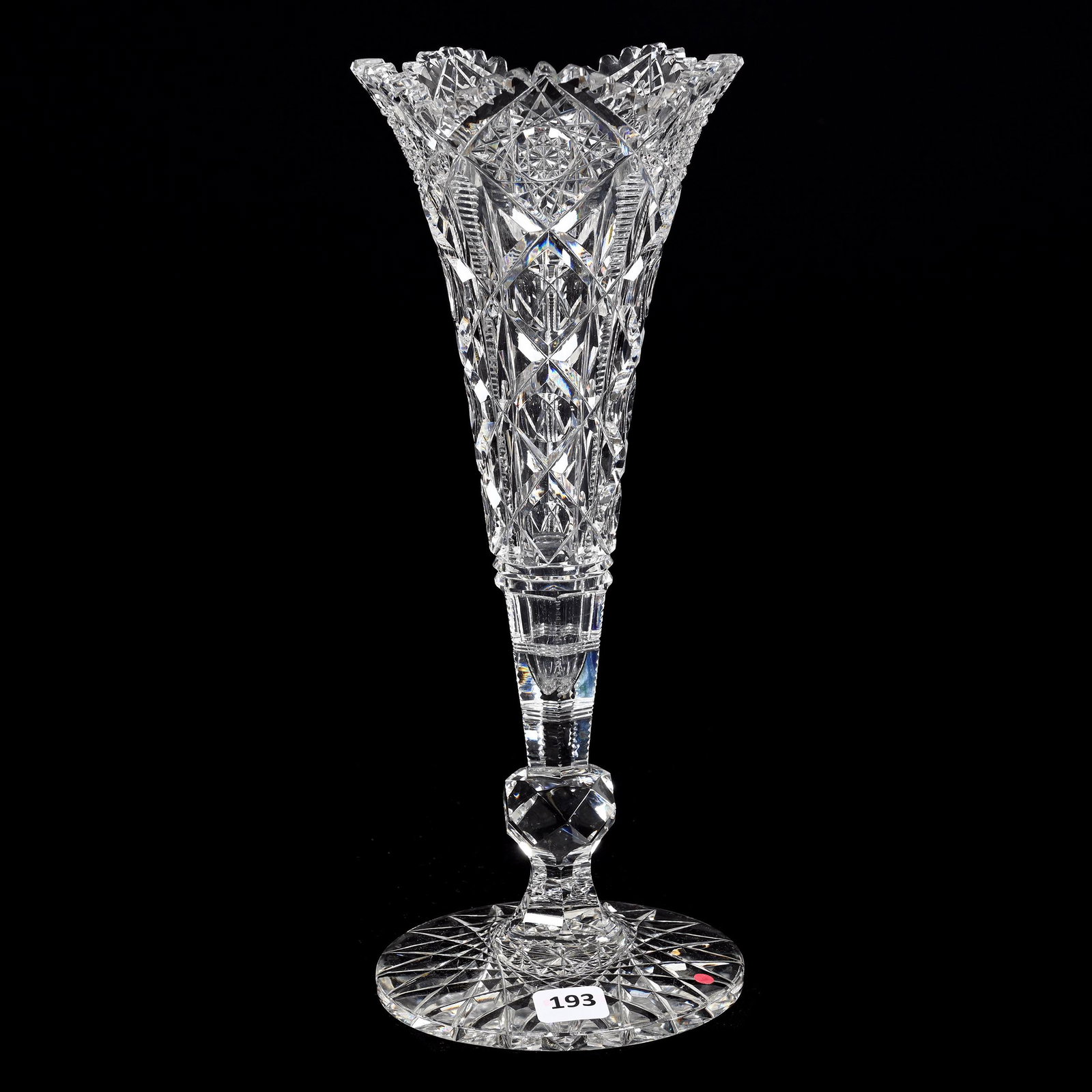 Trumpet Vase, American Brilliant Cut Glass, Signed Hawkes Navarre Pattern: Trumpet Vase, American Brilliant Cut Glass, Signed Hawkes Navarre Pattern, 11.75" x 4.5", Facet Cut Knob Stem, Hobstar Foot, Estate Of Dr. Barry and Dee Free.