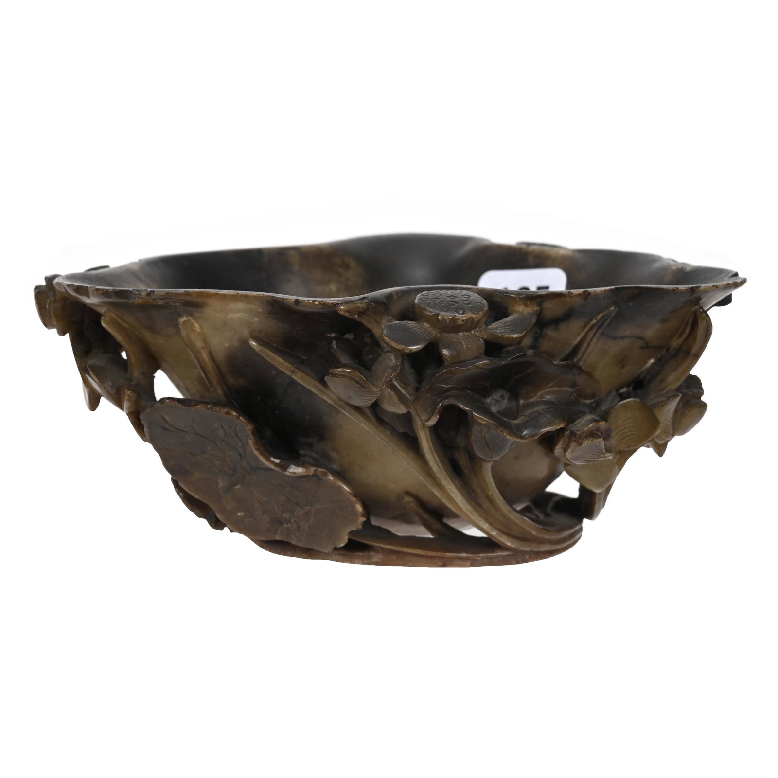 Bowl, Brown & Black Soapstone: Bowl, Brown & Black Soapstone, 2.25" x 5.75", Three Dimensional Floral And Lily Pad Design, Small Cut Repair On Rim, Estate Of Dr. Barry and Dee Free.
