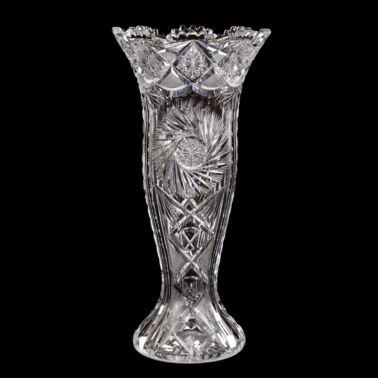 Vase, American Brilliant Cut Glass: Vase, American Brilliant Cut Glass, 15" x 7", Hobstar, Pinwheel, Strawberry Diamond, Bullseye, Prism And Fan Motif, Ray Cut Base, Estate Of Dr. Barry and Dee Free.