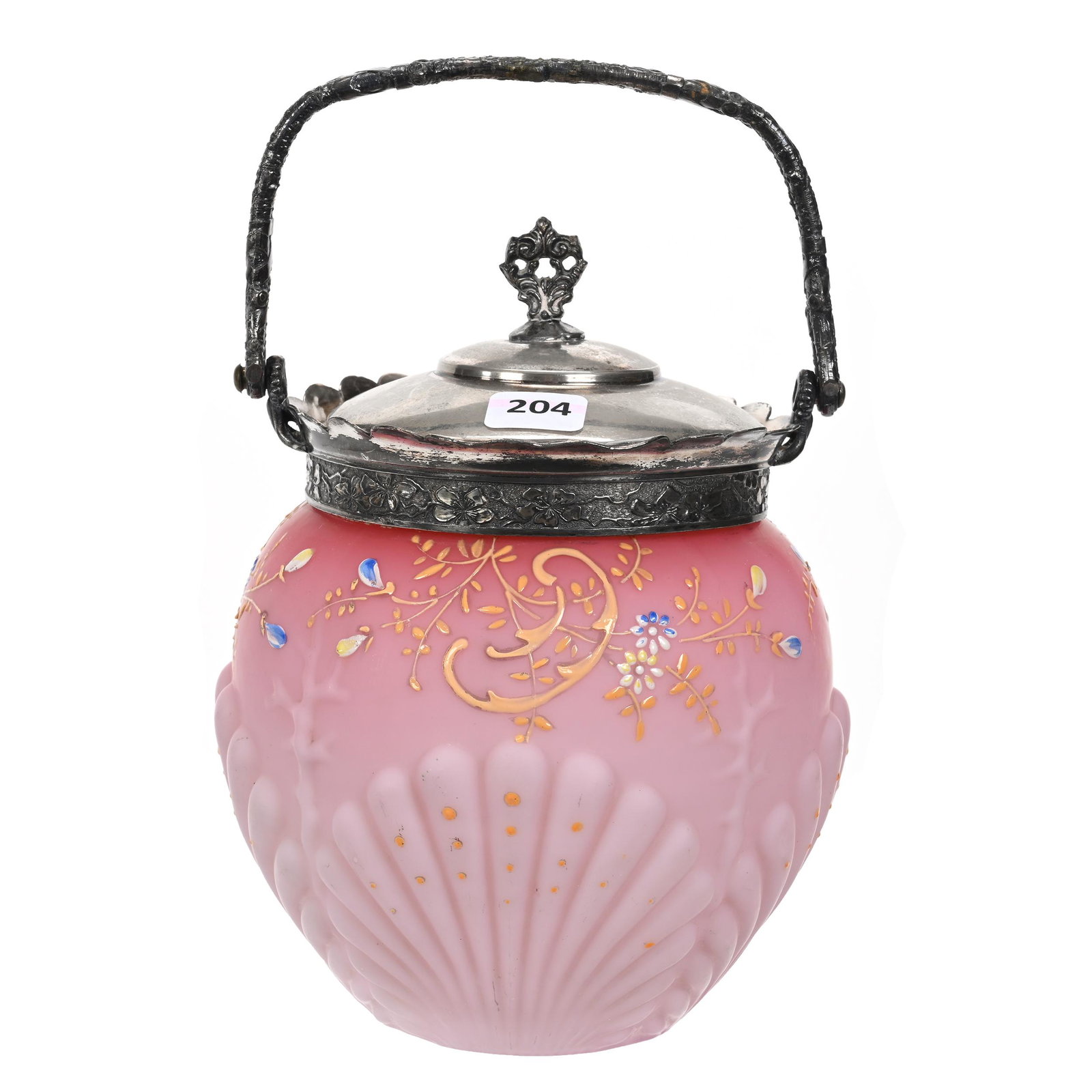 Biscuit Jar, Pink Satin Shell & Coral Art Glass: Biscuit Jar, Pink Satin Shell & Coral Art Glass, 7.5" x 5.75", Enamel Floral Decor, Silverplate Lid And Bail, Lid Looks Good But Is Not Proper Fit, Estate Of Dr. Barry and Dee Free.