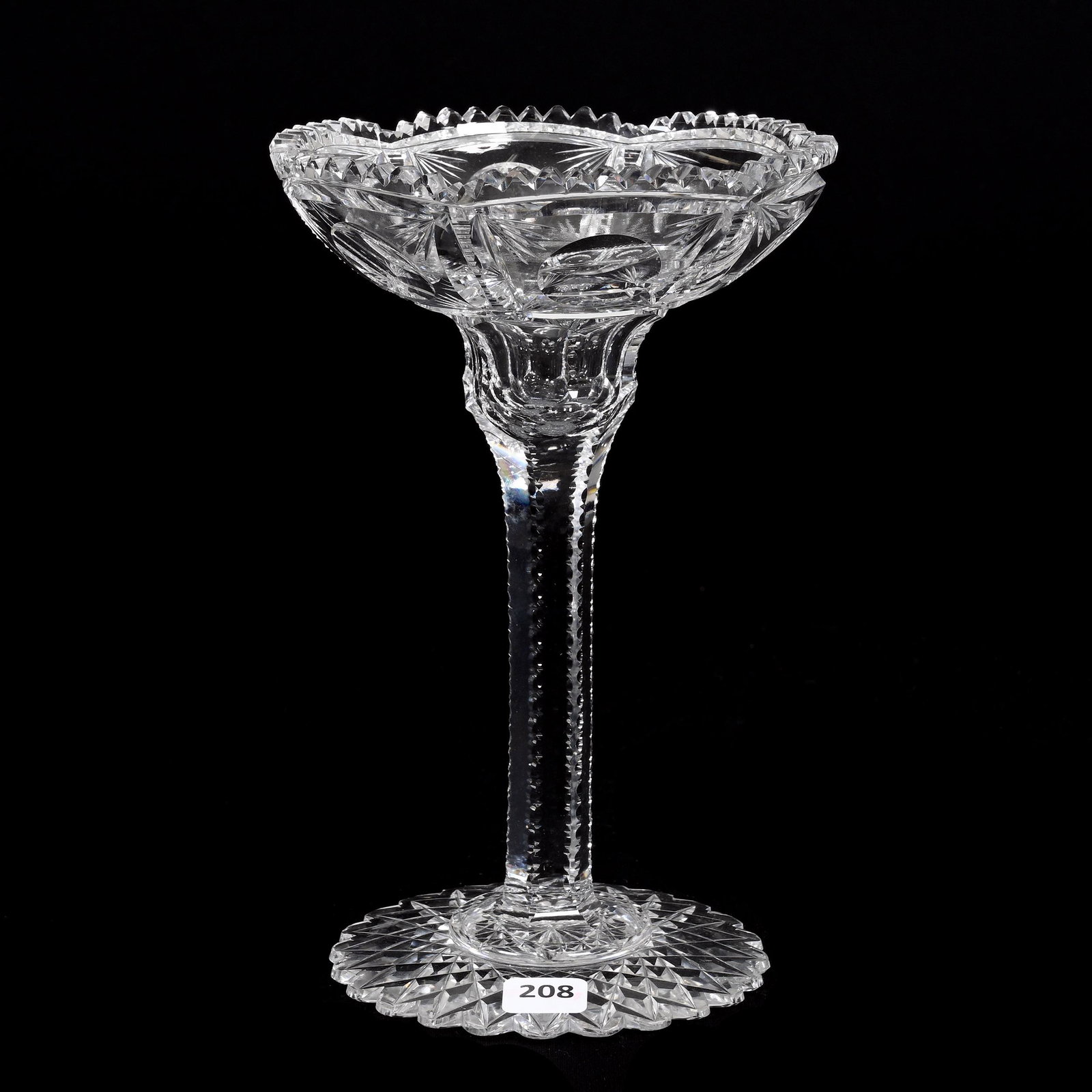 Compote, American Brilliant Cut Glass: Compote, American Brilliant Cut Glass, 9" x 5.75", Bullseye, Prism And Fan Motif, Solid Notched Stem, Scalloped Hobstar Foot, Estate Of Dr. Barry and Dee Free.