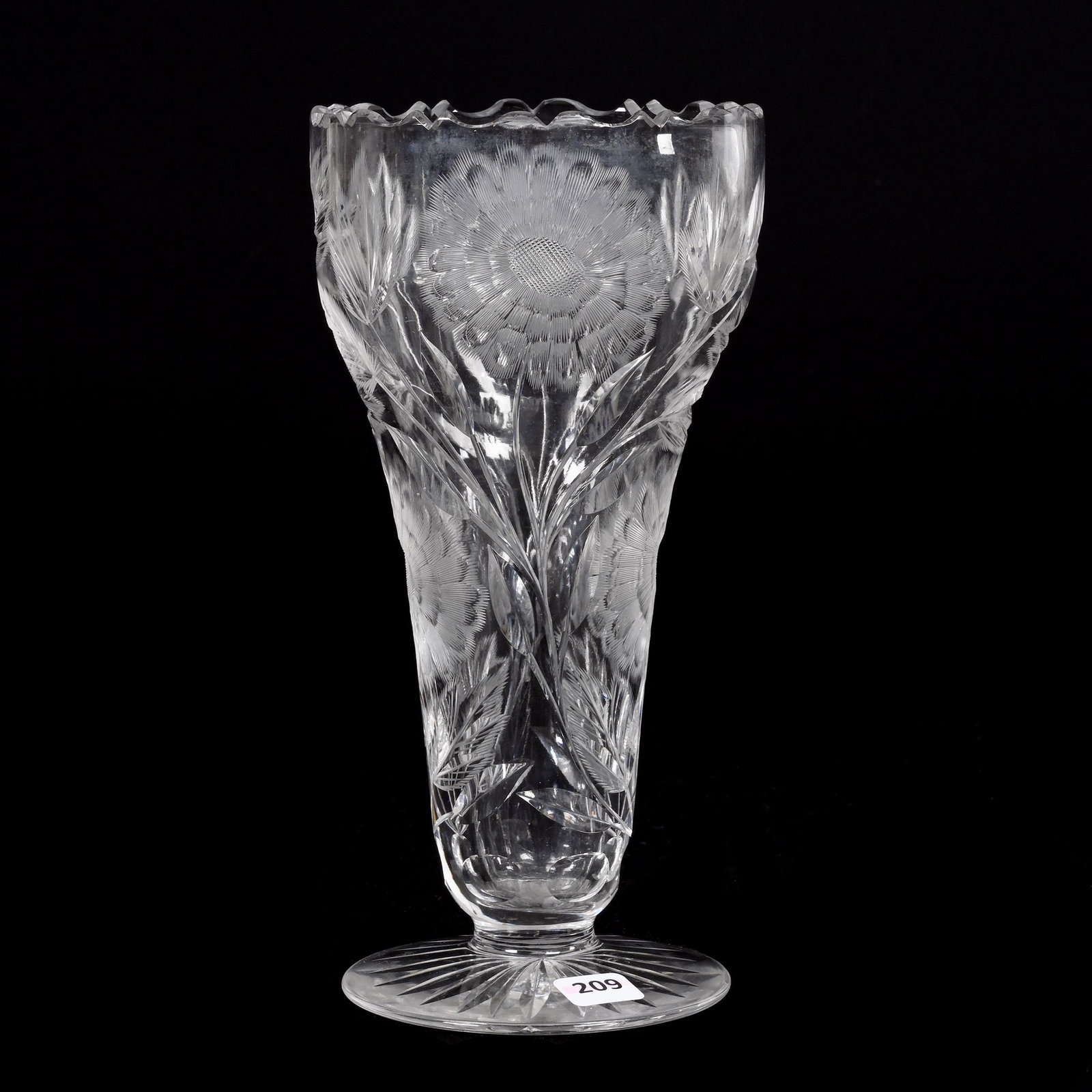 Vase, Footed, American Brilliant Cut Glass: Vase, Footed, American Brilliant Cut Glass, 10" x 5", Nicely Engraved Floral Decor, Ray Cut Foot, Estate Of Dr. Barry and Dee Free.