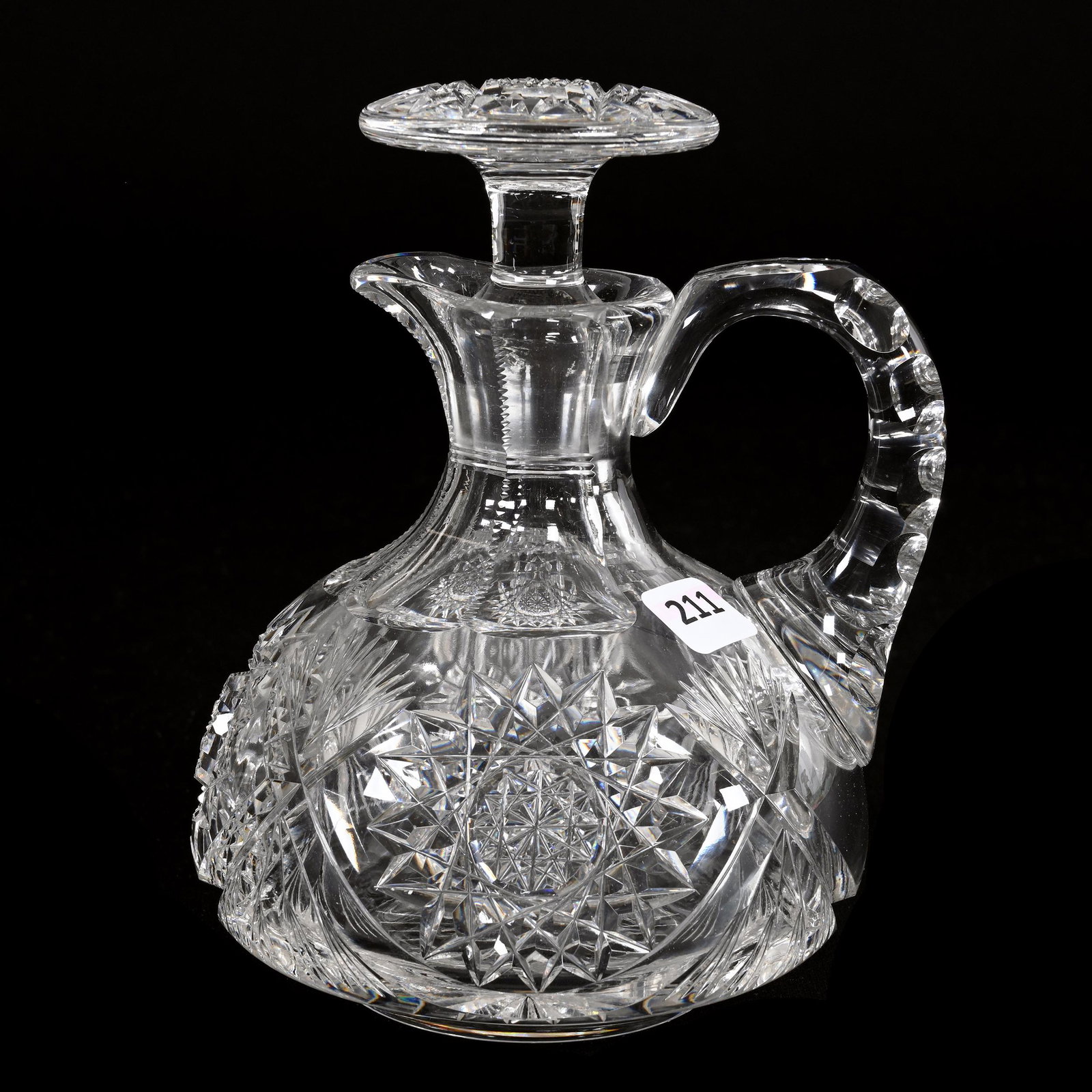 Decanter, American Brilliant Cut Glass: Decanter, American Brilliant Cut Glass, 7" x 5.5", Hobstar And Fan Motif, Mushroom Stopper With Large Hobstar, Ray Cut Base, Estate Of Dr. Barry and Dee Free.