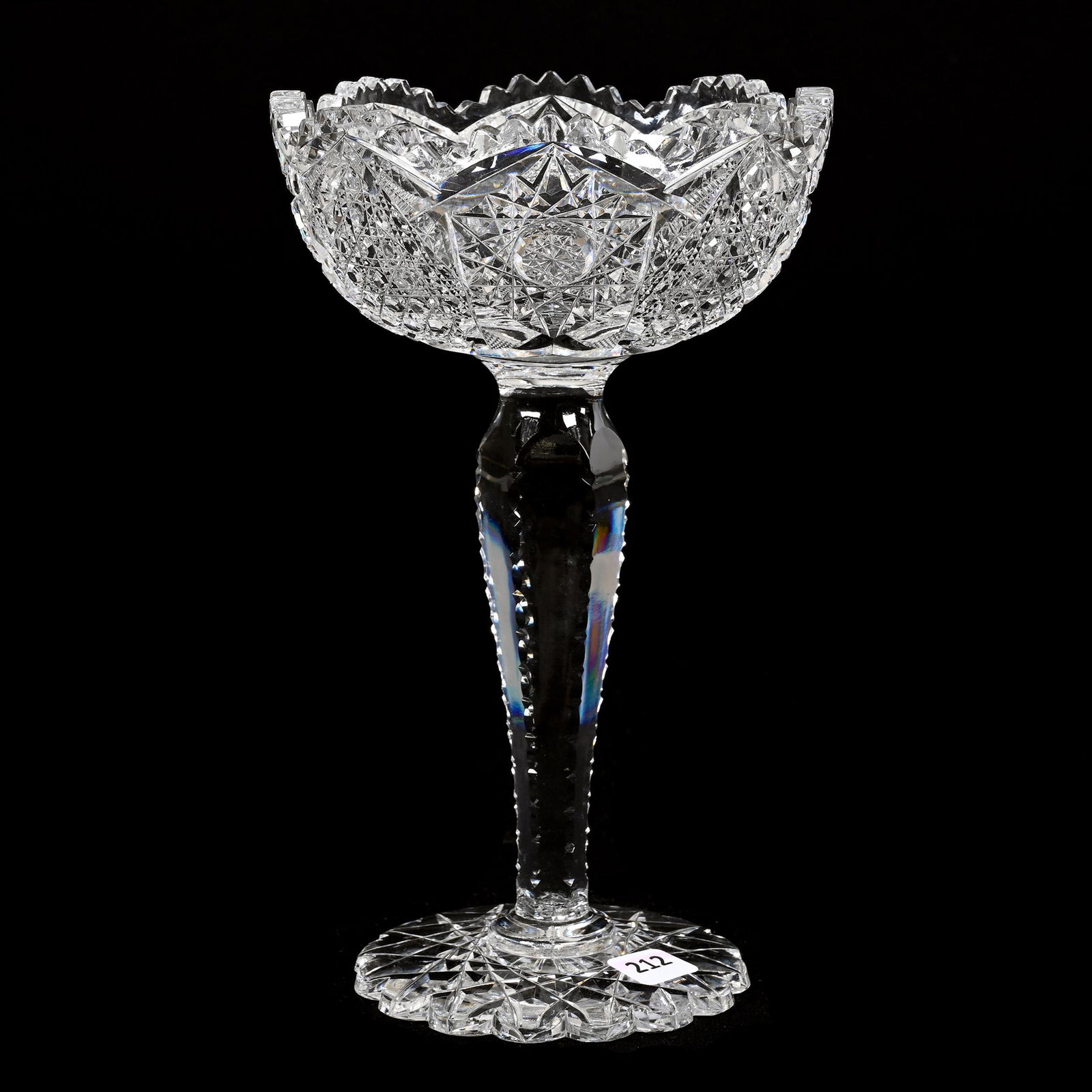 Compote, American Brilliant Cut Glass: Compote, American Brilliant Cut Glass, 9.75" x 6", Hobstar, Cane, Strawberry Diamond And Star Motif, Solid Notched Stem, Scalloped Hobstar Foot, Base Chip, Tooth Chip, Estate Of Dr. Barry and Dee Free
