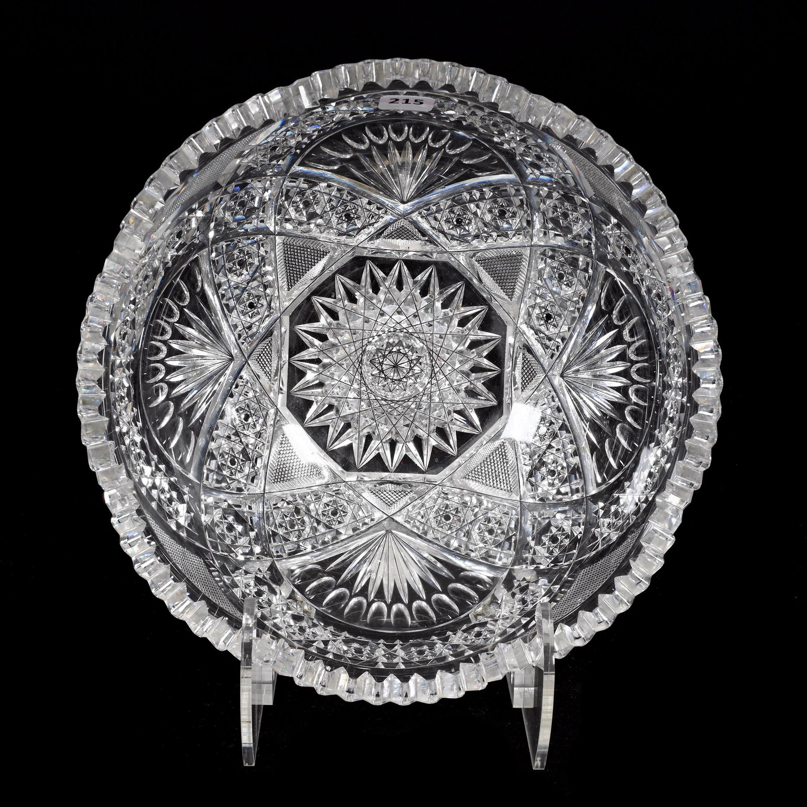 Bowl, American Brilliant Cut Glass: Bowl, American Brilliant Cut Glass, 4.25" x 10.25", Four Sections Of Circular Hobstar, Strawberry Diamond, Punty And Fan Motif, Some Pattern Nicks, Estate Of Dr. Barry and Dee Free.