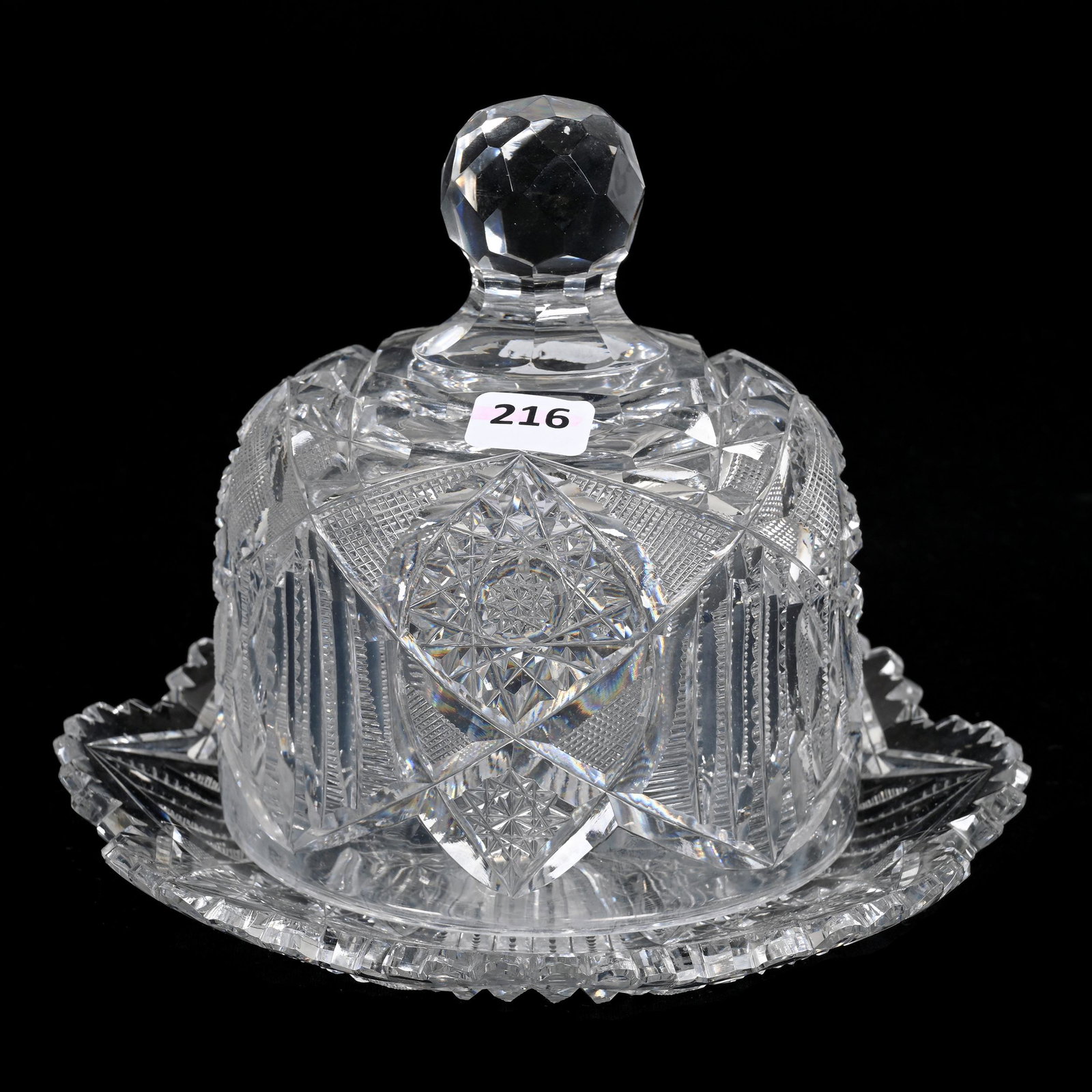 Covered Butterdish, American Brilliant Cut Glass: Covered Butterdish, American Brilliant Cut Glass, 6" x 7.75", Hobstar, Prism And Strawberry Diamond Motif, Estate Of Dr. Barry and Dee Free.