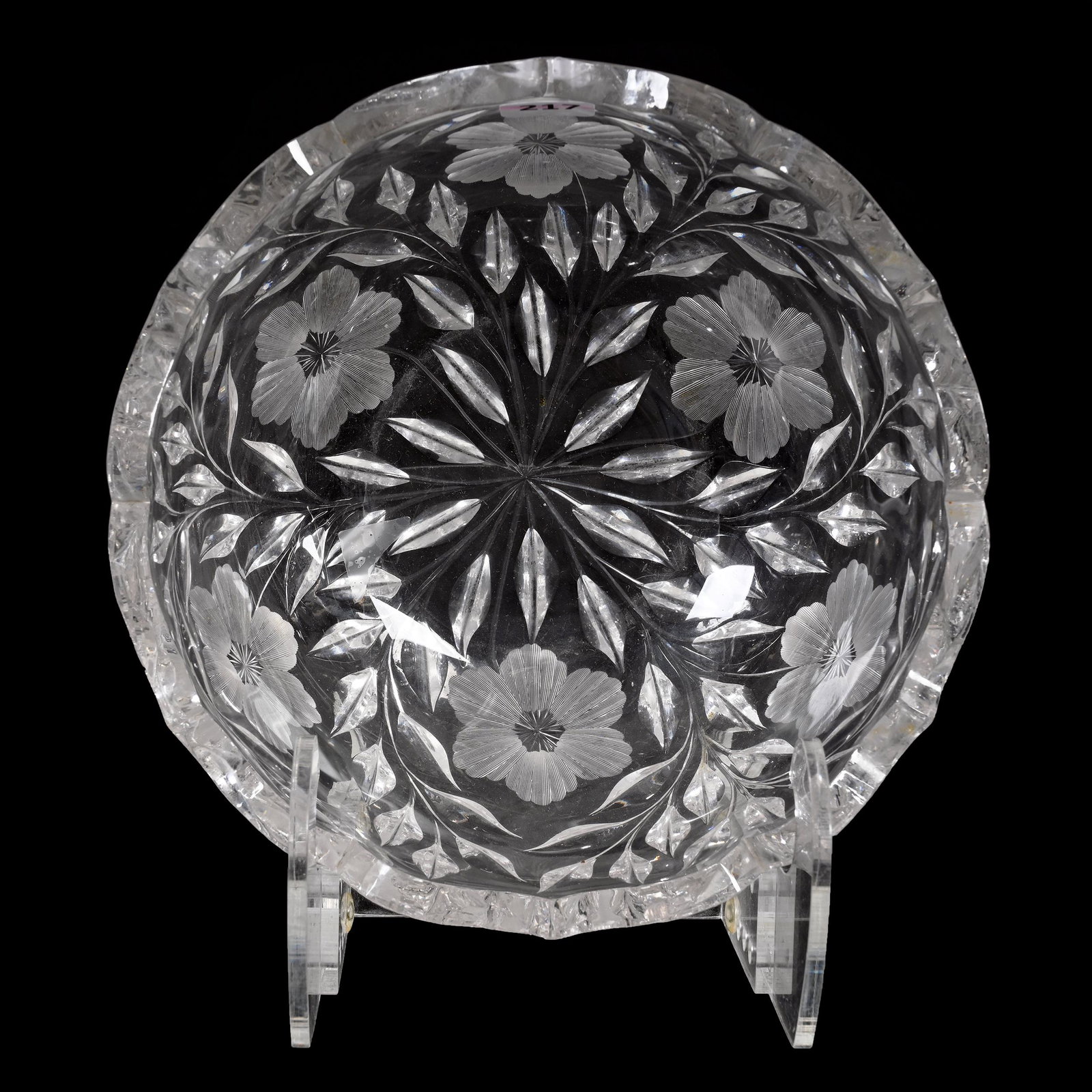 Bowl, American Brilliant Cut Glass: Bowl, American Brilliant Cut Glass, 4" x 8", Engraved Floral Motif, Fancy Scalloped Rim, One Edge Chip, Some Interior Rim Roughness, Estate Of Dr. Barry and Dee Free.