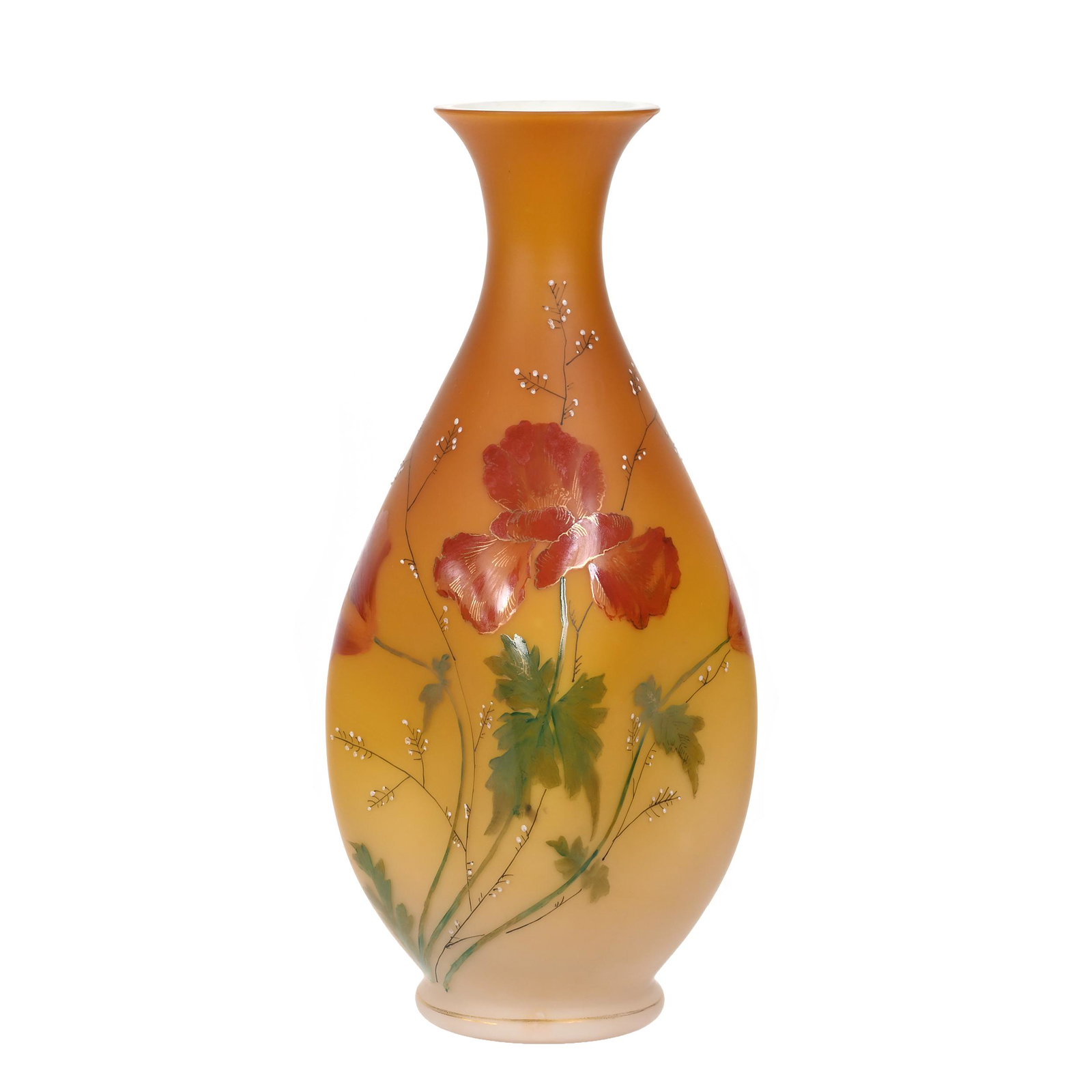 Vase, Orange Satin Art Glass, Dimpled Sides: Vase, Orange Satin Art Glass, Dimpled Sides, 11.5" x 4.25", Floral Decor And Enamel Highlights, Estate Of Dr. Barry and Dee Free.
