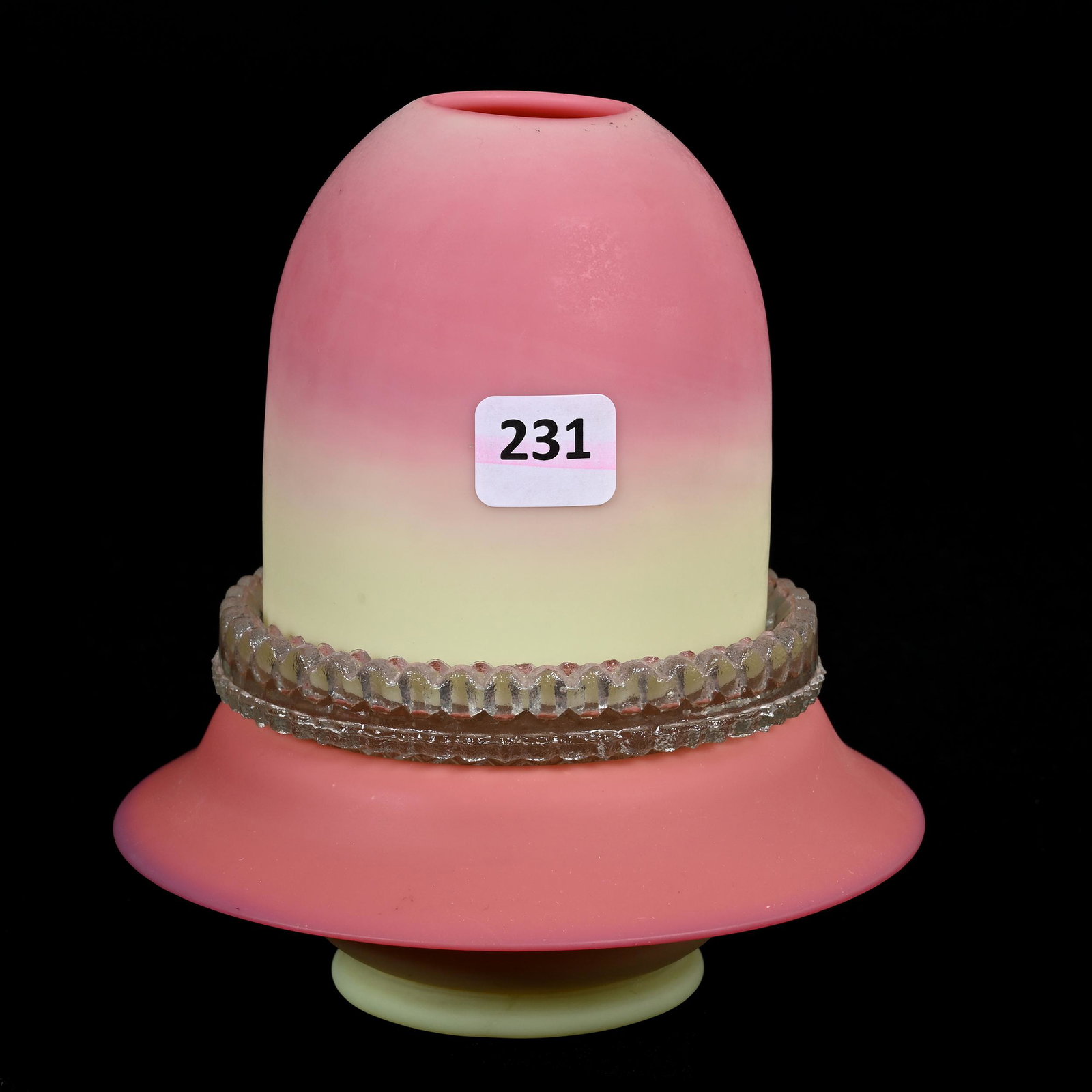 Fairy Lamp, Burmese Art Glass: Fairy Lamp, Burmese Art Glass, 6" x 5.25", Signed Queens Burmese Rolled Rim Base, Clear Clarks Insert, Burmese Shade, Estate Of Dr. Barry and Dee Free.