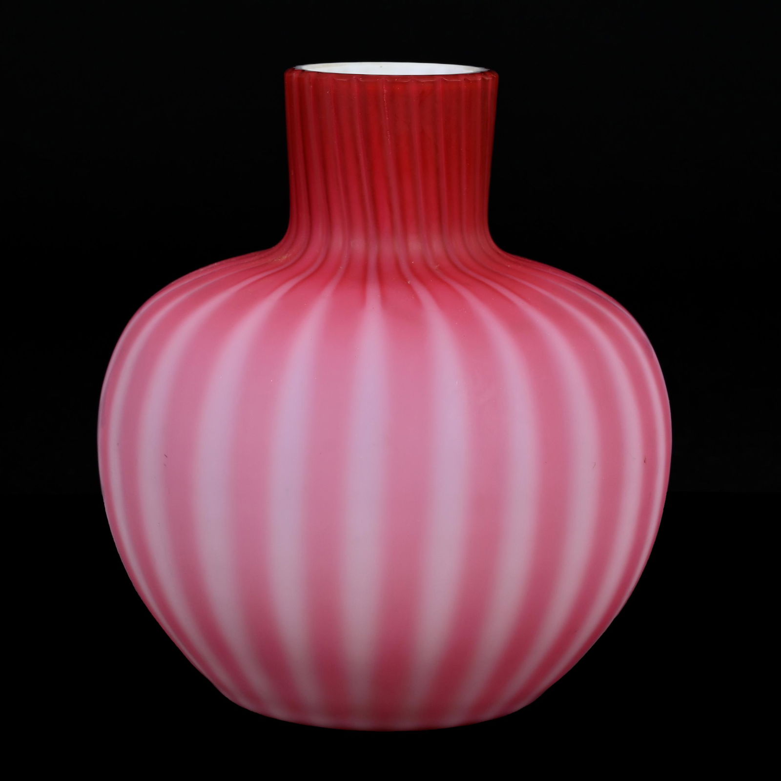 Bulbous Vase, Pink Satin Cased Ribbed Art Glass (1 of 3)