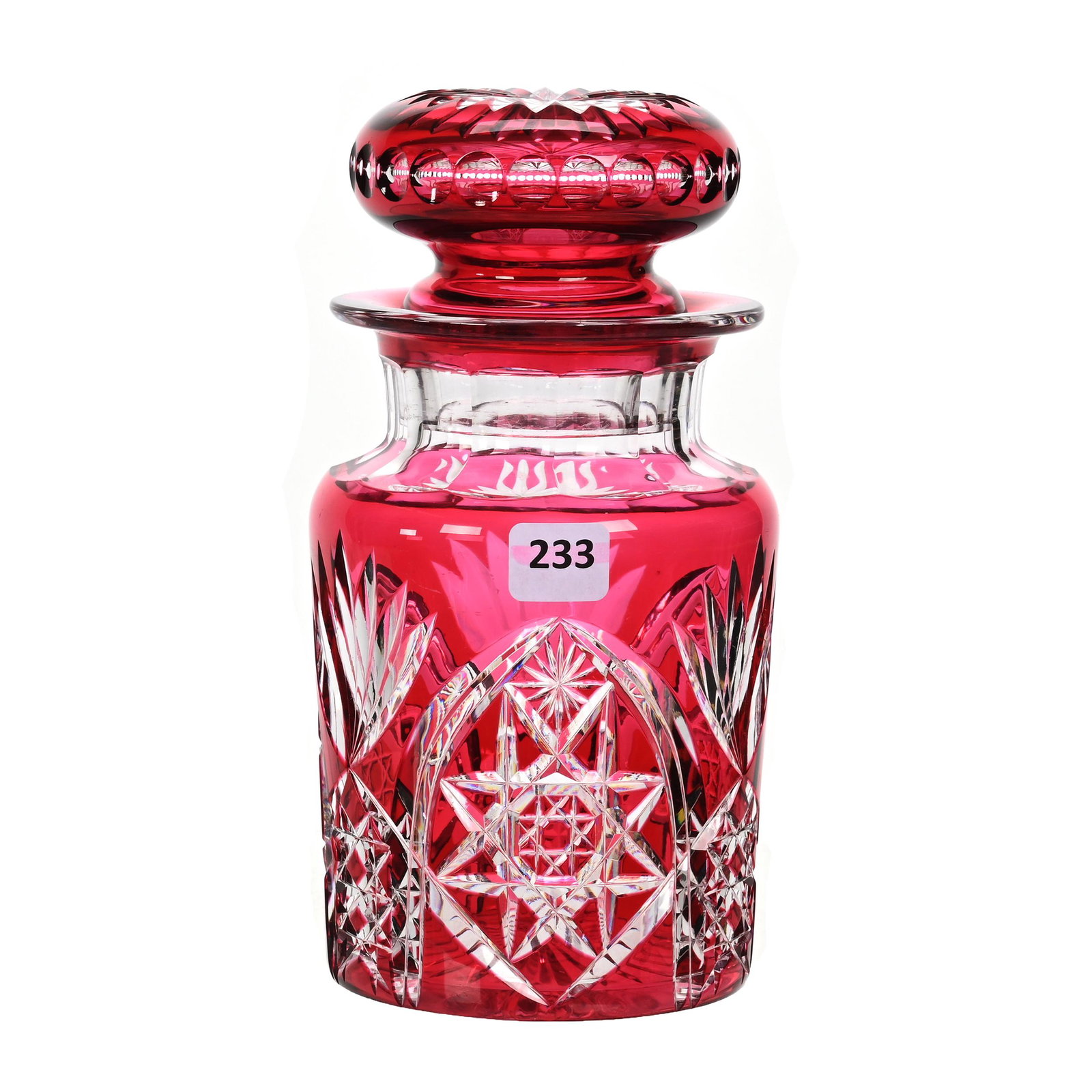 Humidor, BPCG, Cranberry Cut To Clear: Humidor, Brilliant Period Cut Glass, Cranberry Cut To Clear, 8" x 4.25", Hobstar, Star And Fan Motif, Pattern Cut Lid, Ray Cut Base, Estate Of Dr. Barry and Dee Free.