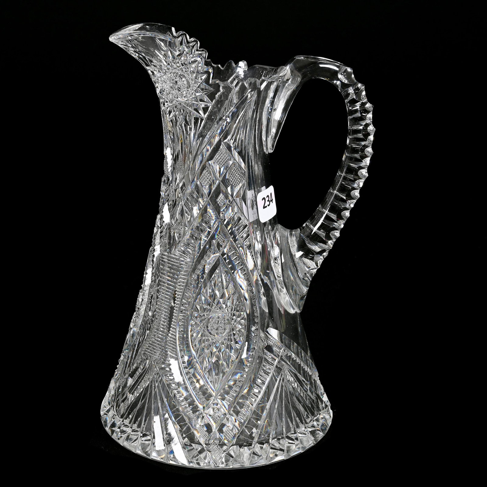 Tankard, American Brilliant Cut Glass: Tankard, American Brilliant Cut Glass, 9.75" x 6", Hobstar, Vesica, Strawberry Diamond, Prism, Star And Fan Motif, Triple Notched Handle, Hobstar Base, Spout Roughness, Estate Of Dr. Barry and Dee Fre