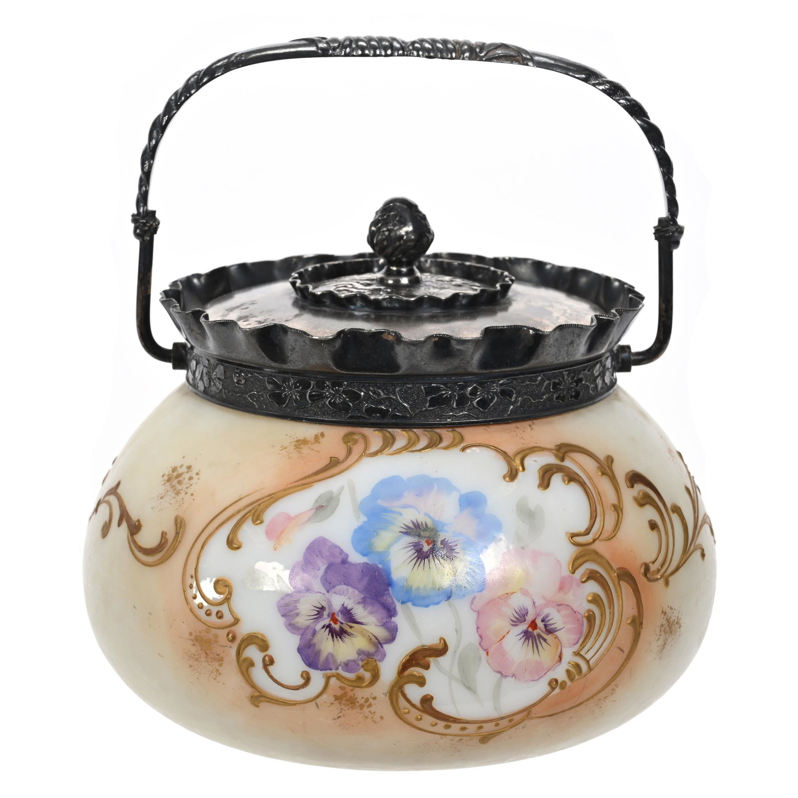 Biscuit Jar Marked Crown Milano #520 Art Glass: Biscuit Jar Marked Crown Milano #520 Art Glass, 6" x 6.5", Cream Tones With Pansy Decor, Multi-Color Gold Scroll Highlights, Silverplate Lid And Bail, Estate Of Dr. Barry and Dee Free.