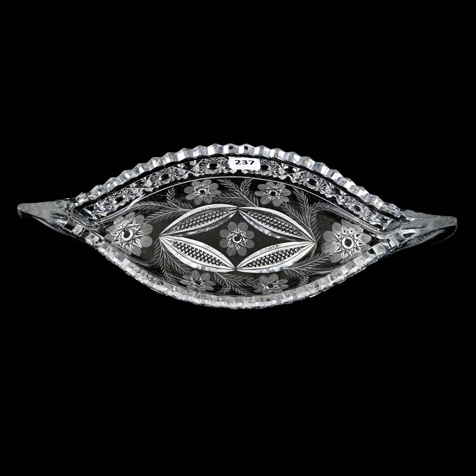 Canoe Shape Celery, American Brilliant Cut Glass: Canoe Shape Celery, American Brilliant Cut Glass, 3.25" x 11.75" x 4.5", Pershing Pattern By Fry, Interior Tooth Chip, Estate Of Dr. Barry and Dee Free.