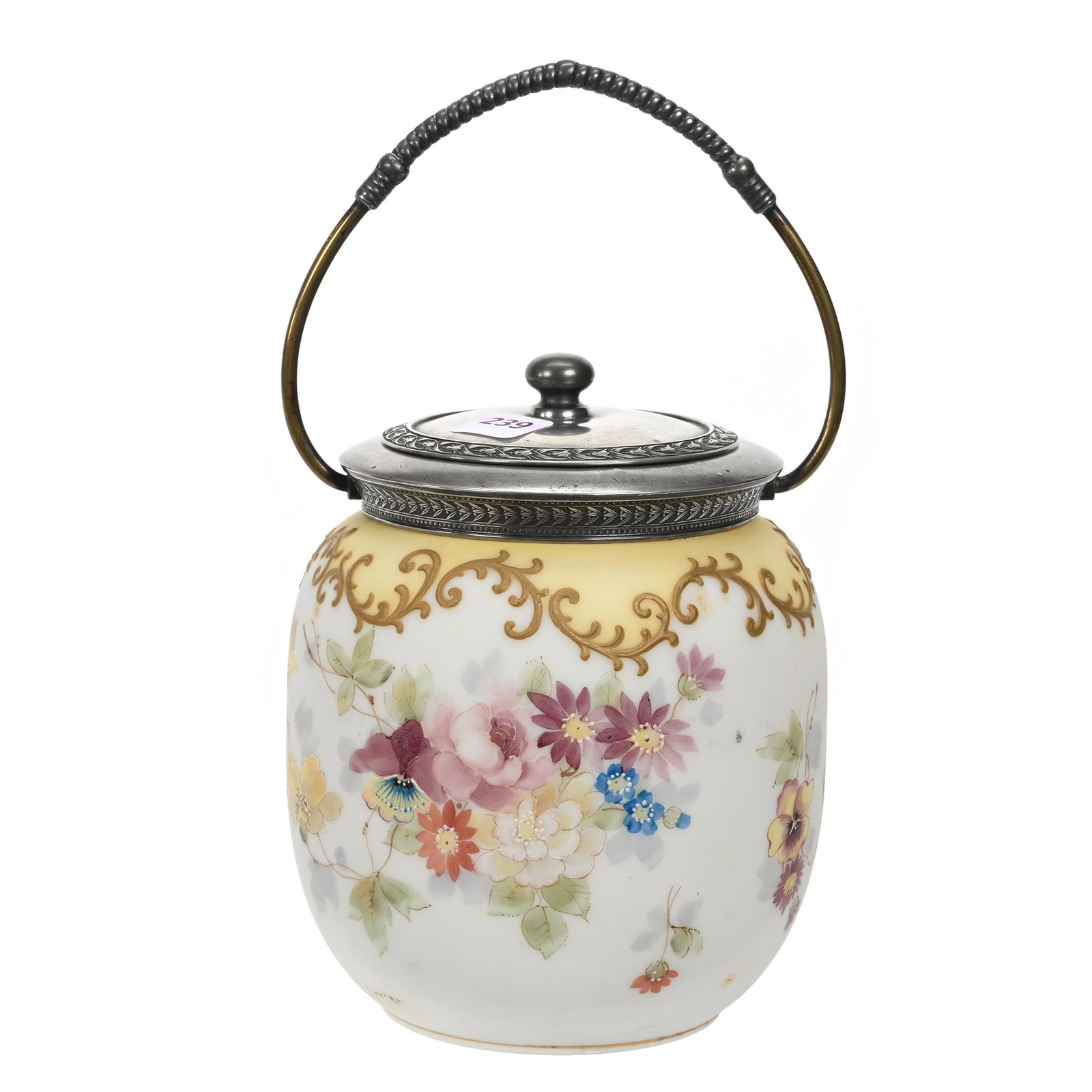 Biscuit Jar, Unmarked Crown Milano Art Glass: Biscuit Jar, Unmarked Crown Milano Art Glass, 6.75" x 5.25", White With Yellow Trim, Colorful Floral Decor, Gold Enamel Scroll Highlights, Silverplate Lid And Bail, Estate Of Dr. Barry and Dee Free.