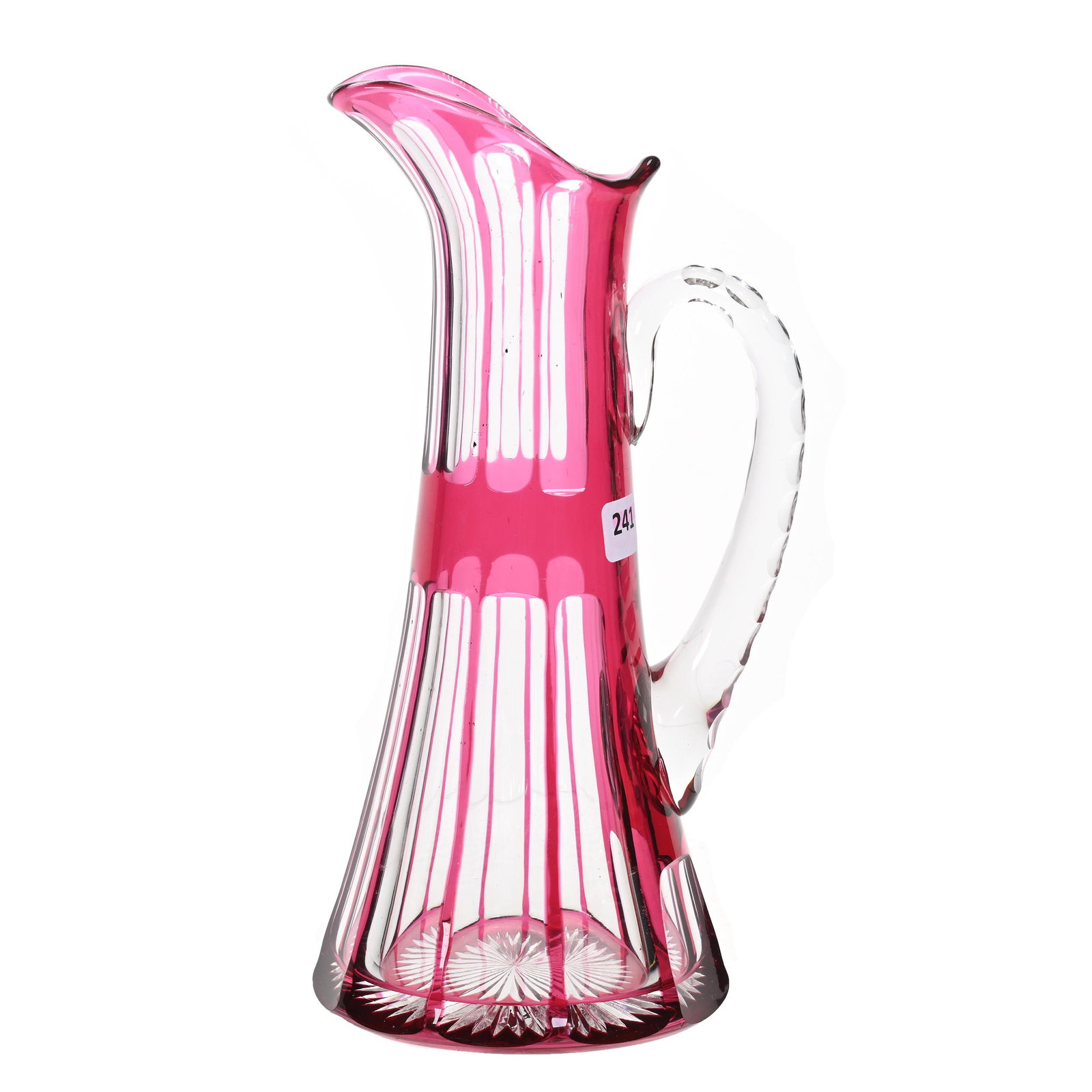 Tankard, BPCG, Cranberry Cut To Clear: Tankard, Brilliant Period Cut Glass, Cranberry Cut To Clear, 11" x 5.5", Panel Cut Motif, Some Visible Sand Inclusions, Ray Cut Base, Estate Of Dr. Barry and Dee Free.