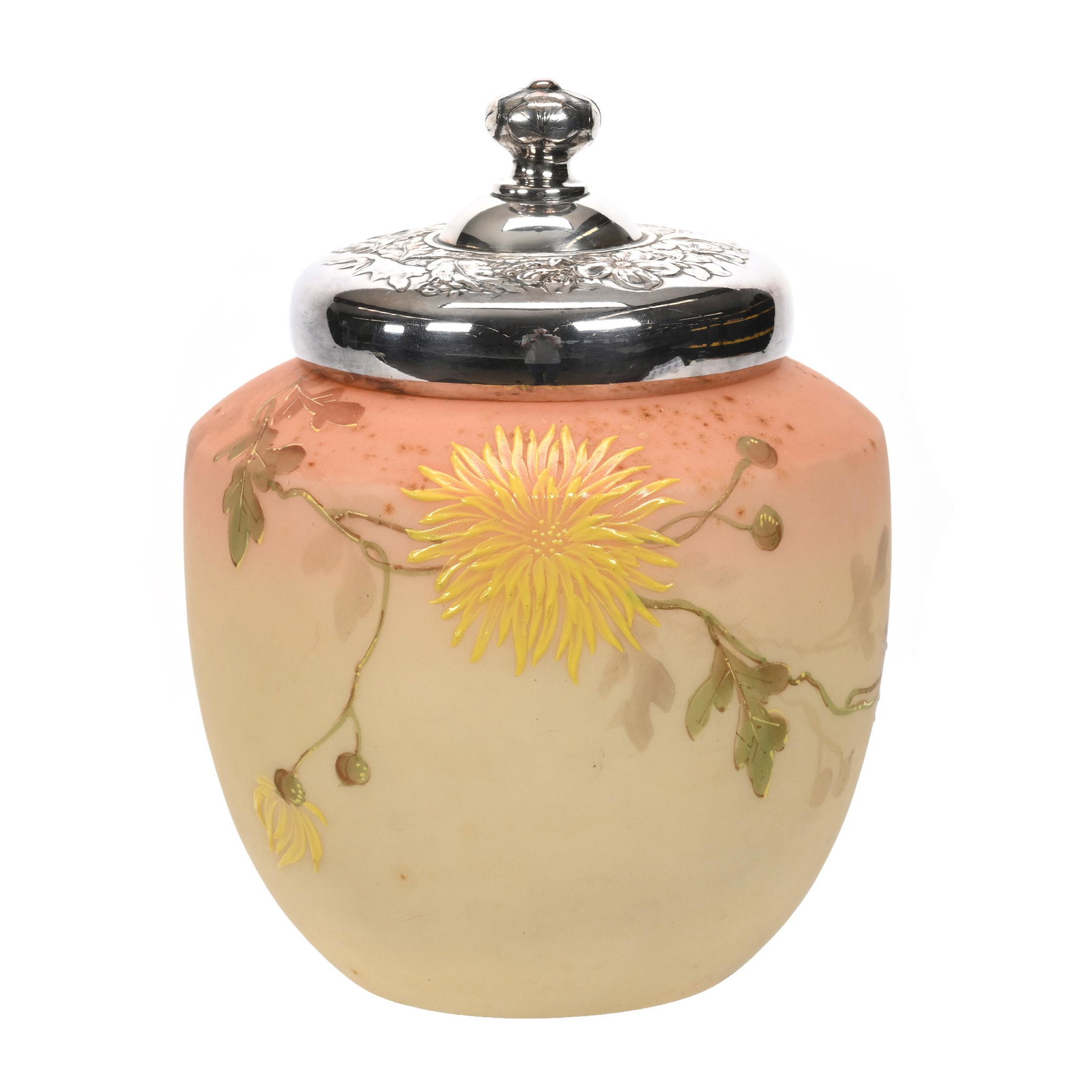 Covered Jar, Unmarked Crown Milano #537: Covered Jar, Unmarked Crown Milano #537, 7.5" x 5.5", Decorated Burmese Opal Ware, Colorful Floral Decor, Silverplate Lid May Not Be Original, Estate Of Dr. Barry and Dee Free.