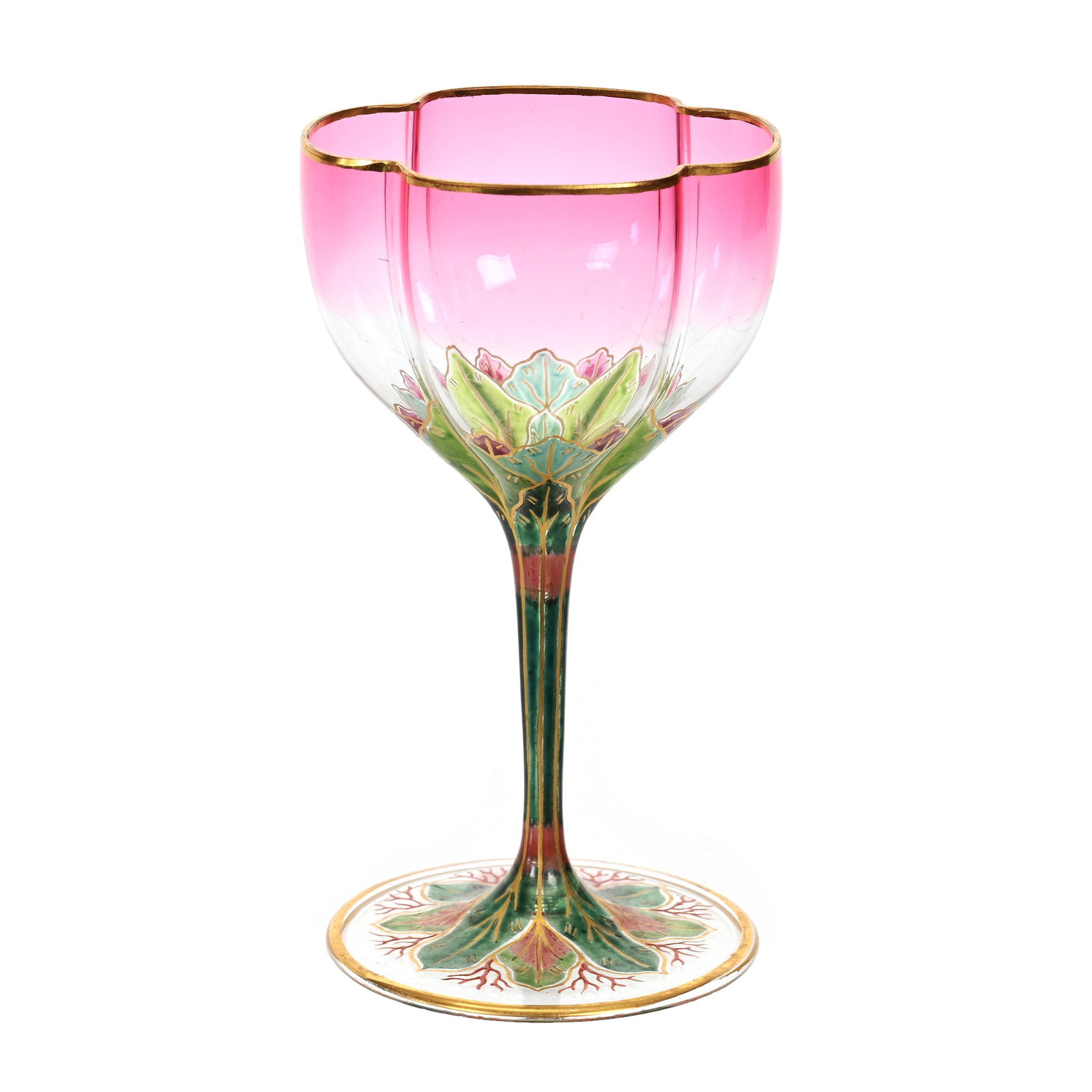 Wine Stem Marked Lobmeyr Glass: Wine Stem Marked Lobmeyr Glass, 4.25" x 2.25", Cranberry Shading To Clear, Transparent Enamel Floral Decor, Estate Of Dr. Barry and Dee Free.