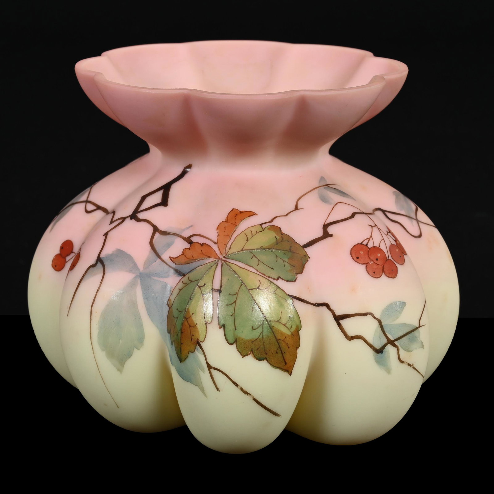 Vase, Decorated Burmese Art Glass: Vase, Decorated Burmese Art Glass, 4.5" x 5.5", Melon Ribbed, Estate Of Dr. Barry and Dee Free.