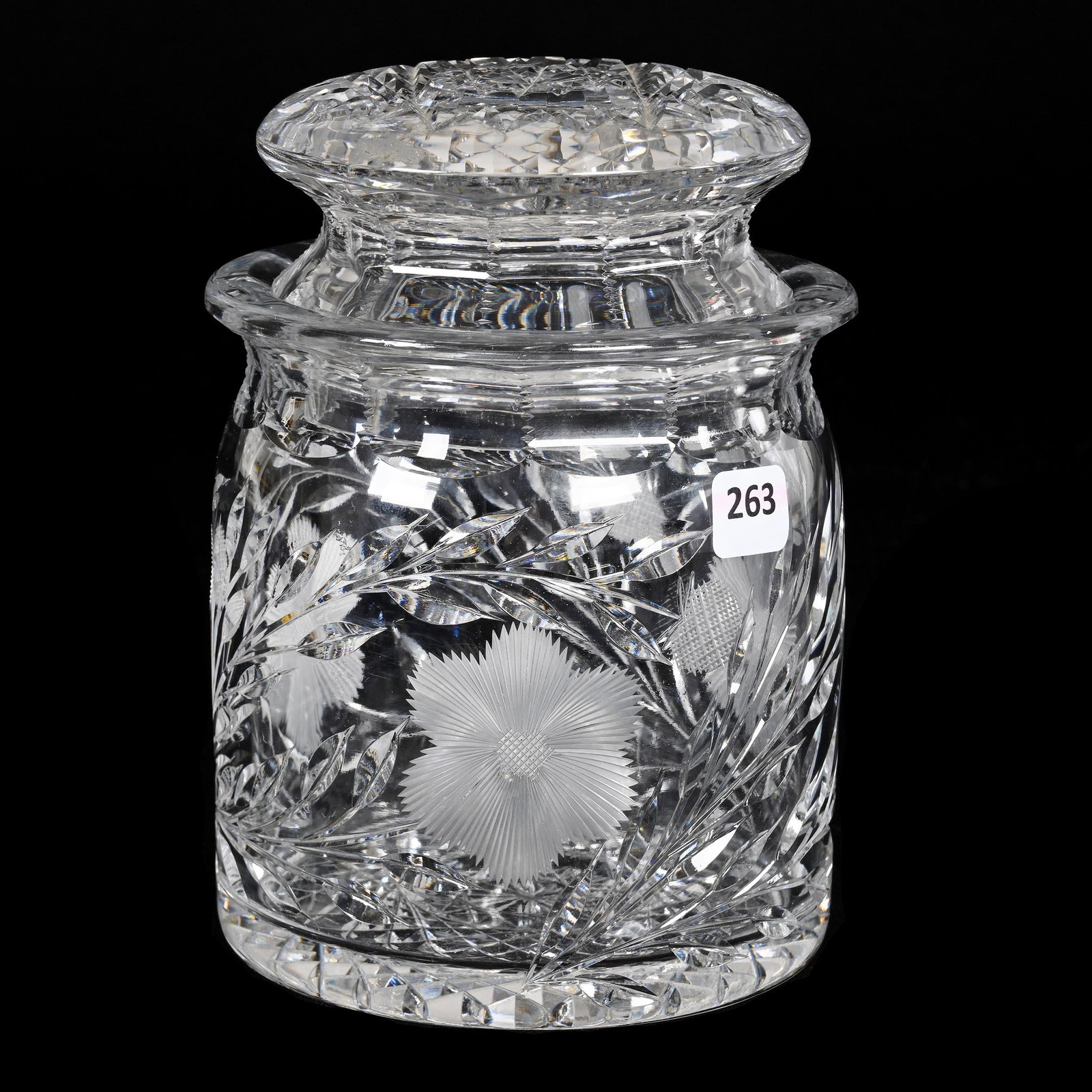 Humidor, American Brilliant Cut Glass: Humidor, American Brilliant Cut Glass, 7.25" x 5.5", Engraved Floral Pattern, Hobstar Base And Lid, Clear Blank, Estate Of Dr. Barry and Dee Free.