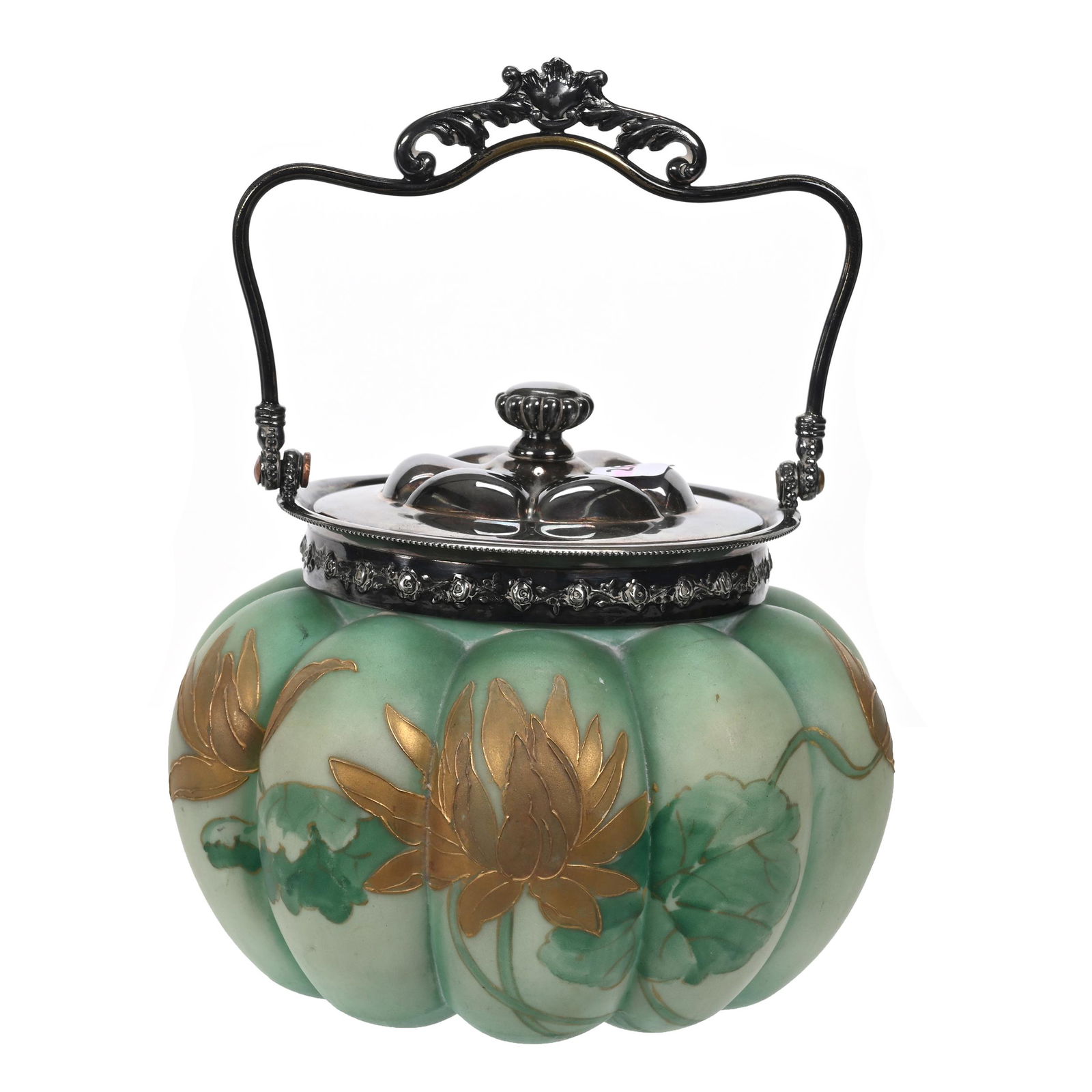 Biscuit Jar, Green Opal Ware, Unmarked Pairpoint (1 of 3)