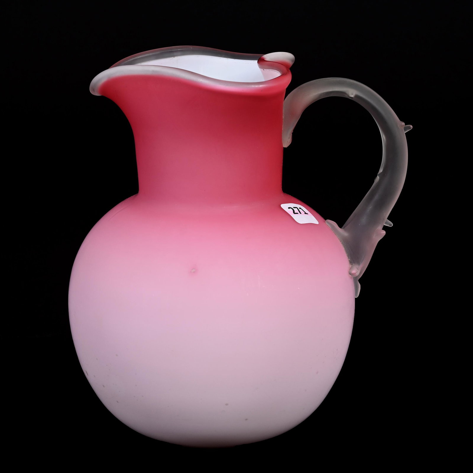 Water Pitcher, Pink Satin Art Glass: Water Pitcher, Pink Satin Art Glass, 8.5" x 7.5", White Interior, Frosted Applied Thorn Handle, Tri-Corner Spout, Polished Pontil Base, Estate Of Dr. Barry and Dee Free.