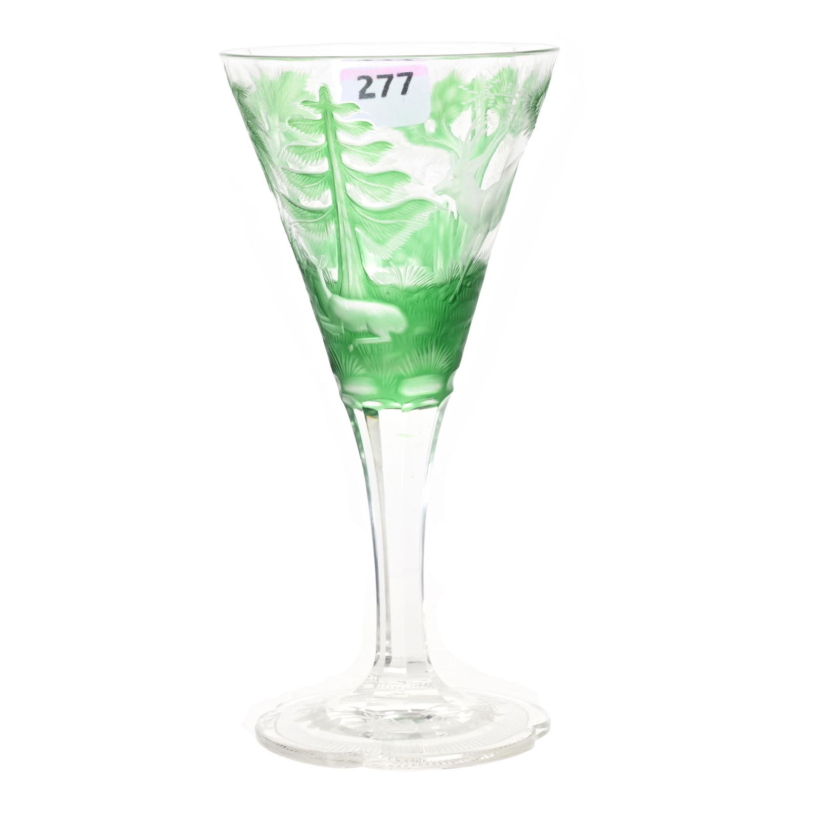 Wine Stem, Unmarked Moser Style Art Glass: Wine Stem, Unmarked Moser Style Art Glass, 6.5" x 3.25", Green Cut To Clear, Finely Engraved Stag And Forest Scenic Decor, Estate Of Dr. Barry and Dee Free.
