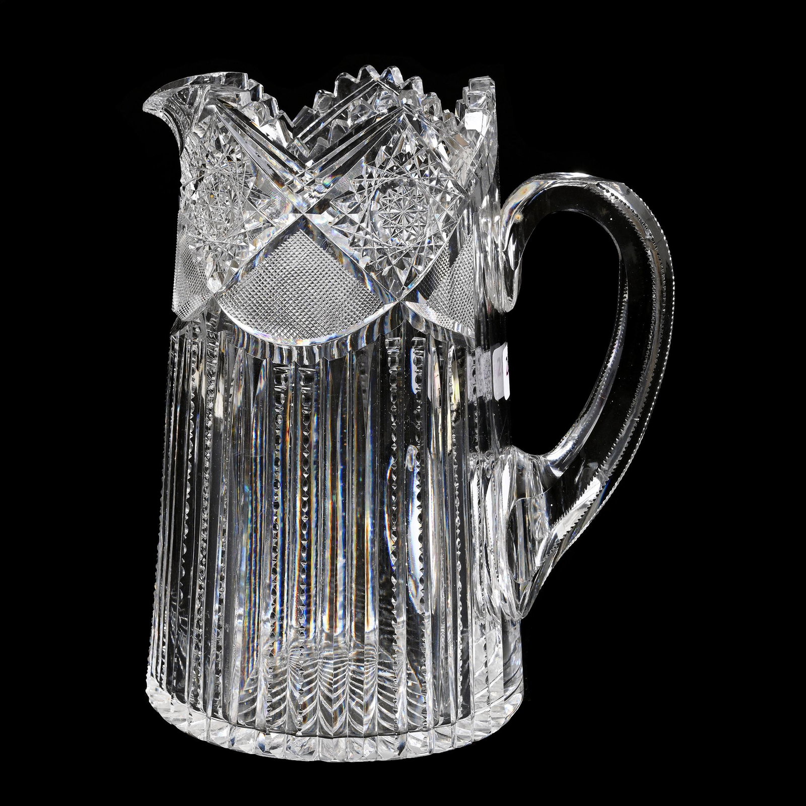 Water Pitcher, American Brilliant Cut Glass, Hindoo Pattern By J. Hoare: Water Pitcher, American Brilliant Cut Glass, Hindoo Pattern By J. Hoare, 8.5" x 7", Ray Cut Base, Spout Chips, Tooth Bruise, Estate Of Dr. Barry and Dee Free.