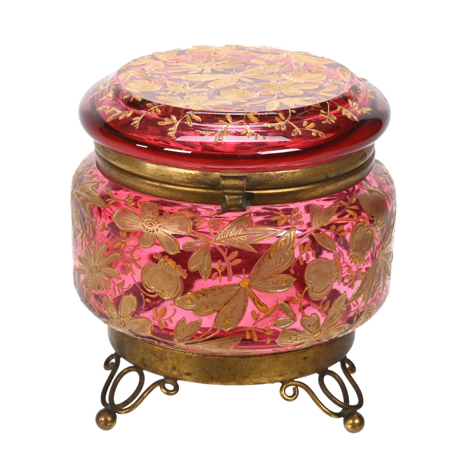 Jewel Box, Cranberry Art Glass: Jewel Box, Cranberry Art Glass, 3.5" x 3.5", Enamel Floral And Butterfly Decor, Gilt Metal Feet, Estate Of Dr. Barry and Dee Free.