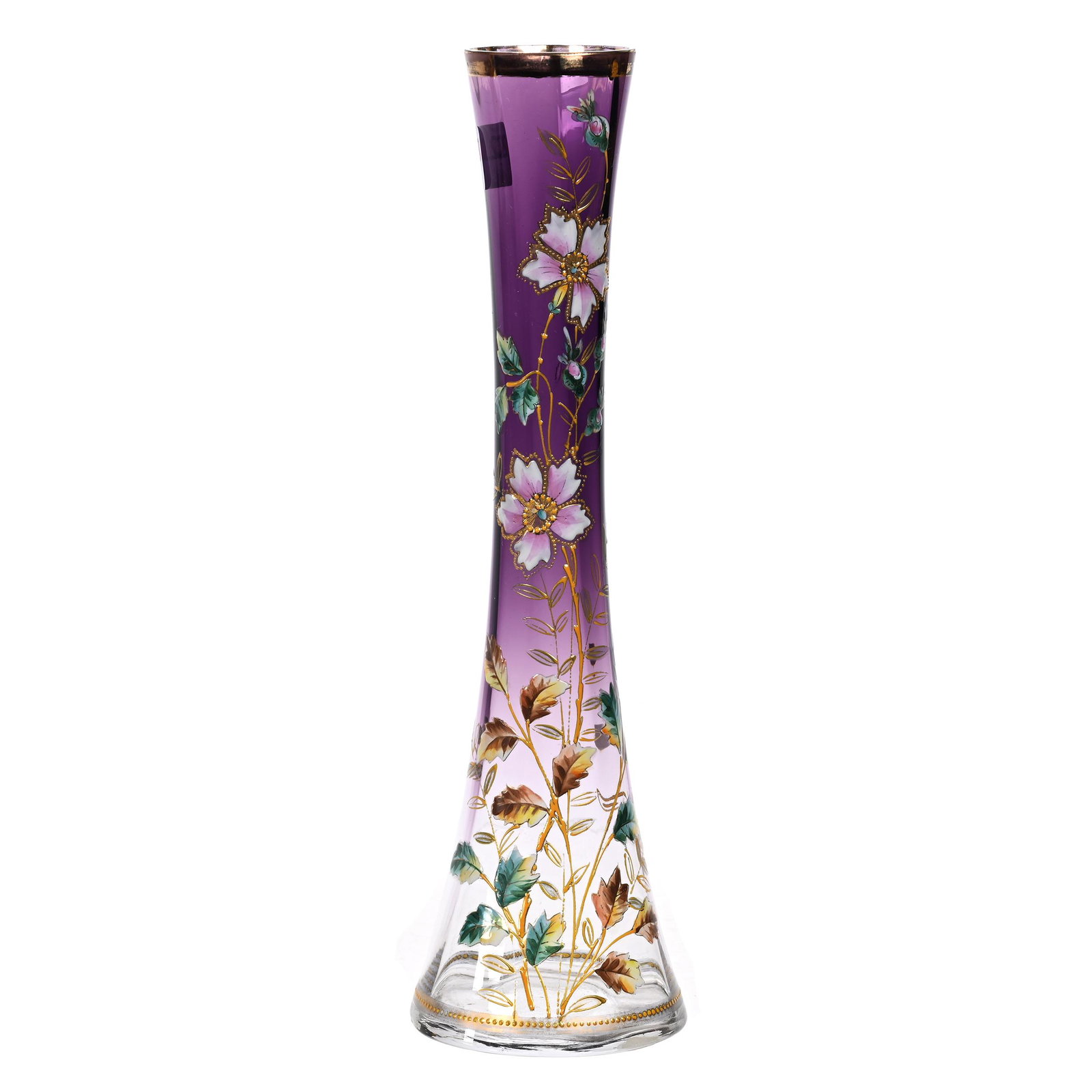Bud Vase, Unmarked Bohemian Art Glass: Bud Vase, Unmarked Bohemian Art Glass, 10.75" x 3", Lavender Shading To Clear, Colorful Enamel Floral Decor, Estate Of Dr. Barry and Dee Free.