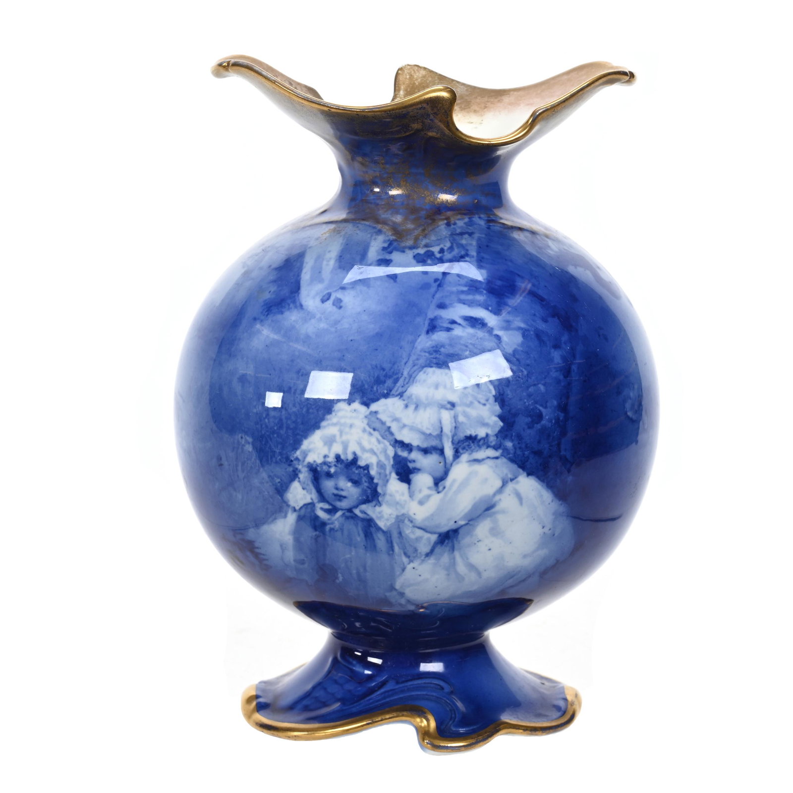 Pedestal Vase Marked Doulton Burslem: Pedestal Vase Marked Doulton Burslem, 7.75" x 5.5", Flow Blue, Scene Of Two Girls Looking At Gnome, Estate Of Dr. Barry and Dee Free.