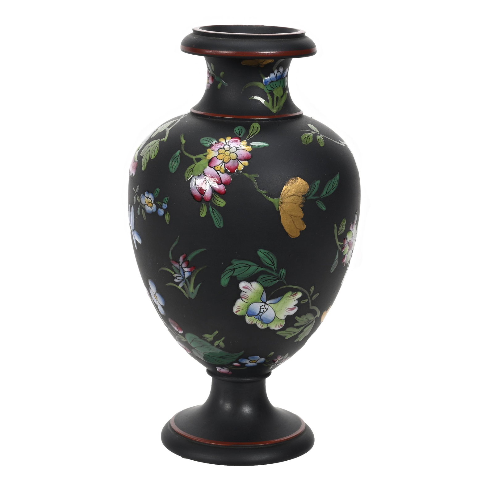 Pedestal Vase Marked Wedgwood: Pedestal Vase Marked Wedgwood, 6.25" x 3.25", Rare Black With Colorful Scattered Floral Decor, Estate Of Dr. Barry and Dee Free.