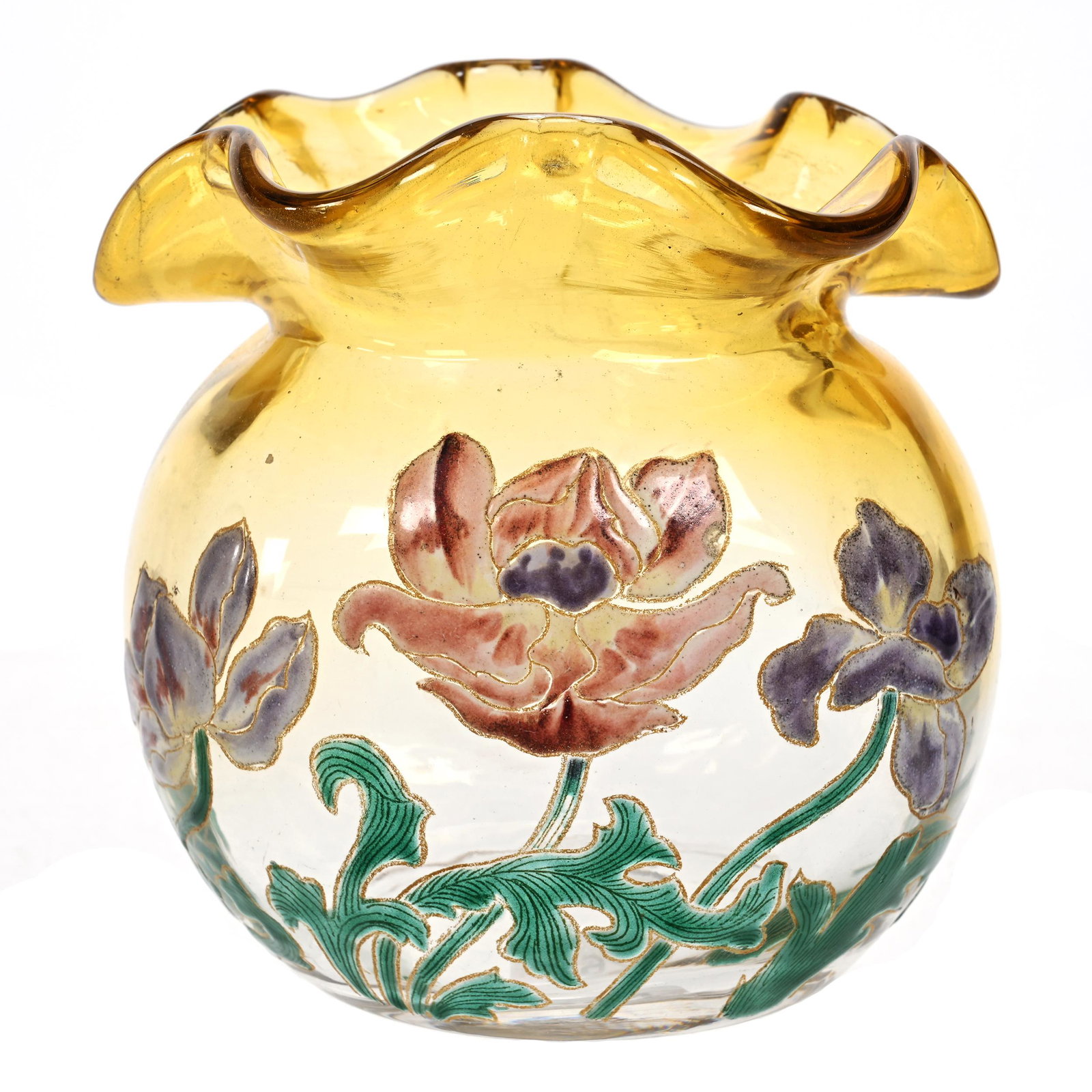 Vase, Unmarked Mt. Joye Style Art Glass: Vase, Unmarked Mt. Joye Style Art Glass, 4.75" x 4.5", Amber Shading To Clear, Heavy Enamel Floral Decor, Polished Pontil Base, Estate Of Dr. Barry and Dee Free.