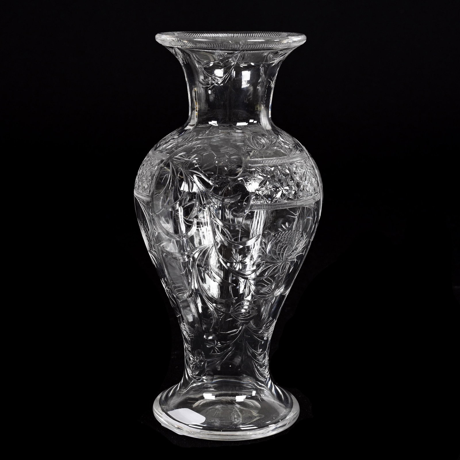 Vase, American Brilliant Cut Glass: Vase, American Brilliant Cut Glass, 8.5" x 4", Finely Engraved Floral Design With Lattice Highlights, Polished Pontil Base, Estate Of Dr. Barry and Dee Free.