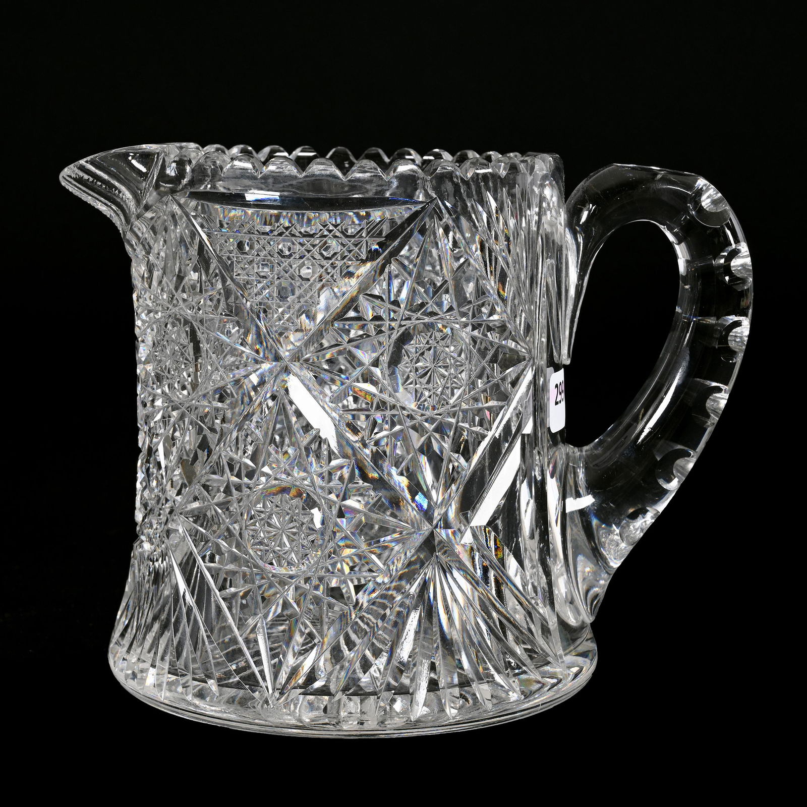 Pitcher, American Brilliant Cut Glass: Pitcher, American Brilliant Cut Glass, 6.25" x 8.25", Hobstar, Cane And Fan Motif, Double Notched Handle, Ray Cut Base, Estate Of Dr. Barry and Dee Free.