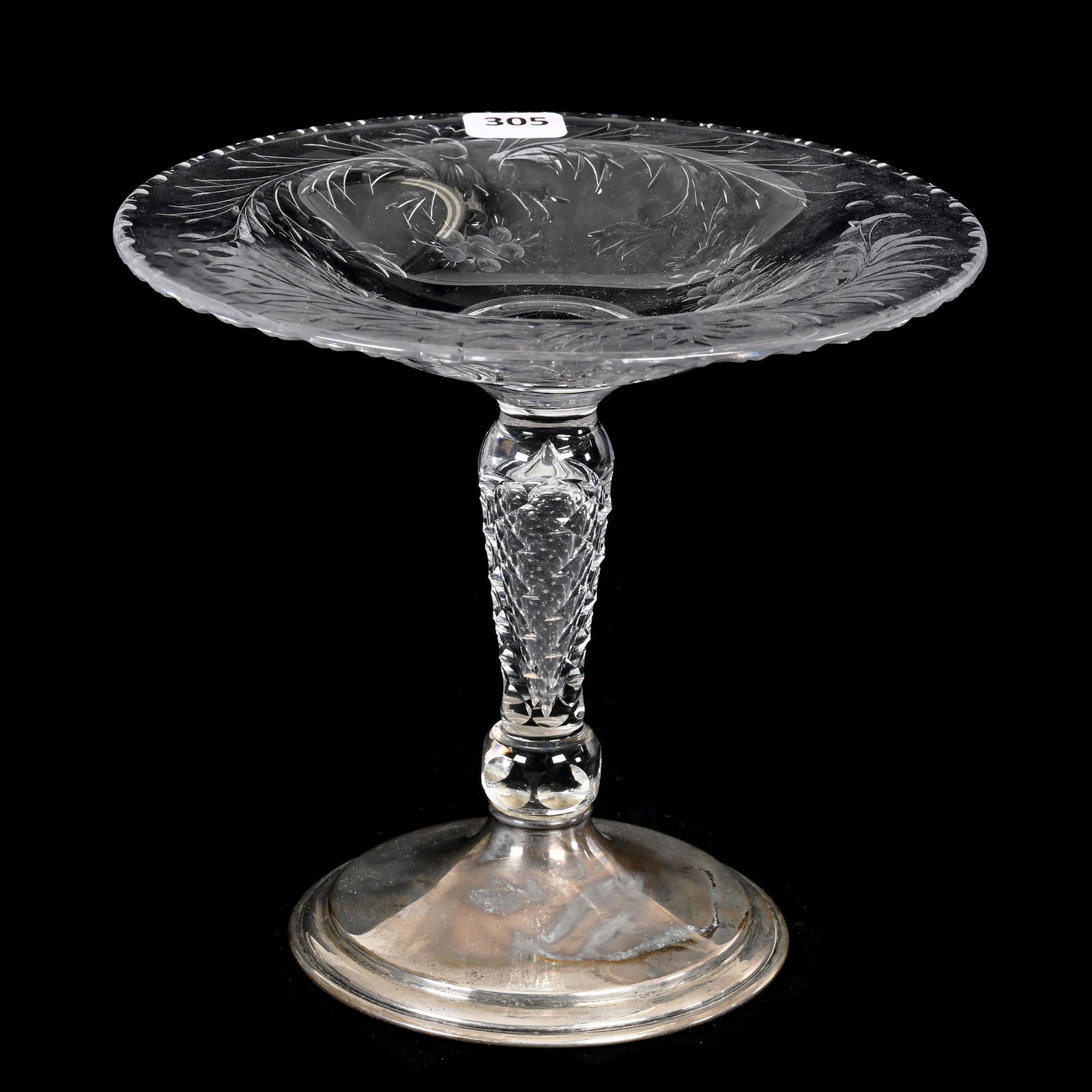 Compote, American Brilliant Cut Glass, Sterling Base Signed Hawkes Sterling: Compote, American Brilliant Cut Glass, Sterling Base Signed Hawkes Sterling, 6.25" x 7", Lightly Engraved Floral And Fruit Decor, Estate Of Dr. Barry and Dee Free.