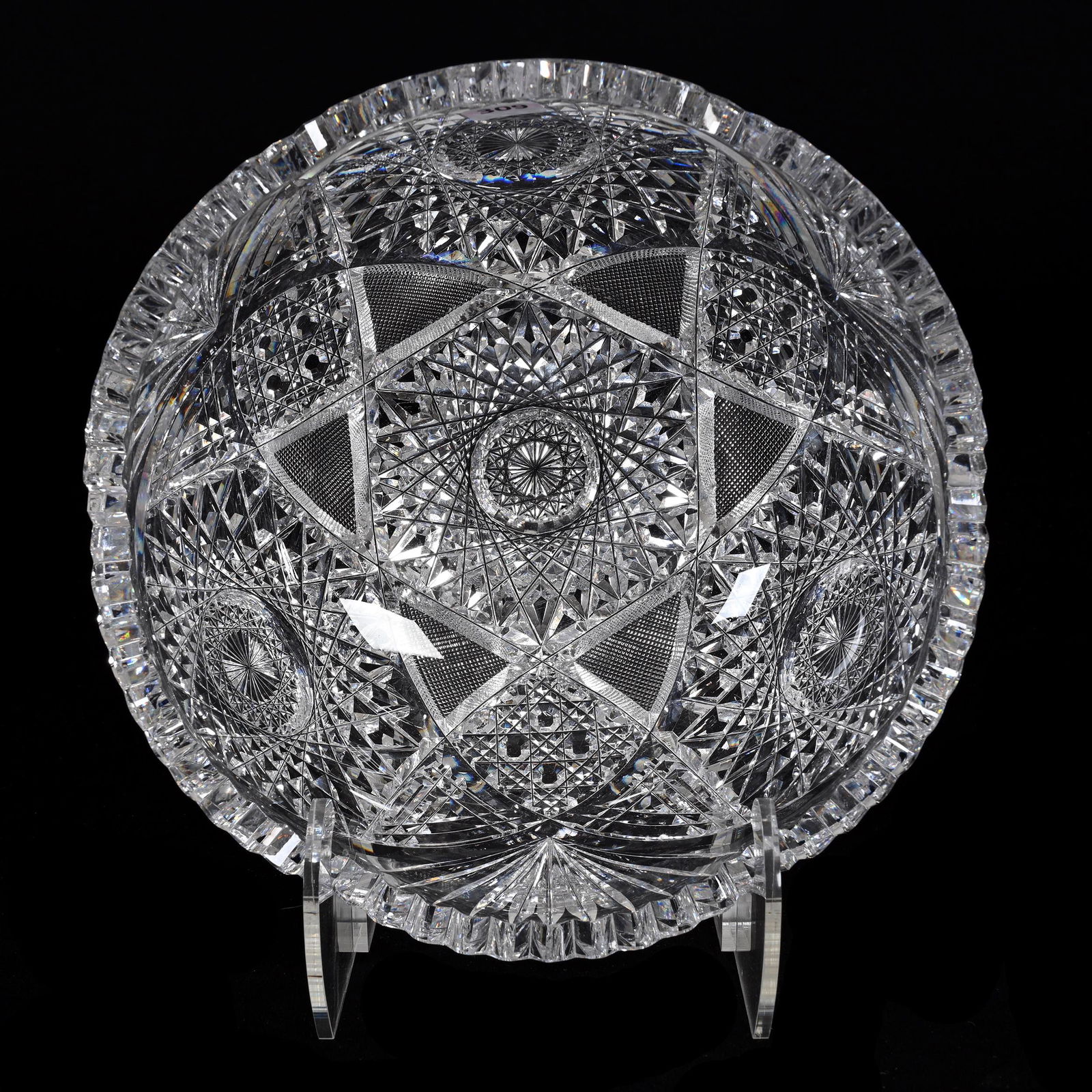 Bowl, American Brilliant Cut Glass: Bowl, American Brilliant Cut Glass, 4.75" x 10", Three Sections Of Hobstar, Cane, Strawberry Diamond And Fan Motif, Tooth Chip, Estate Of Dr. Barry and Dee Free.