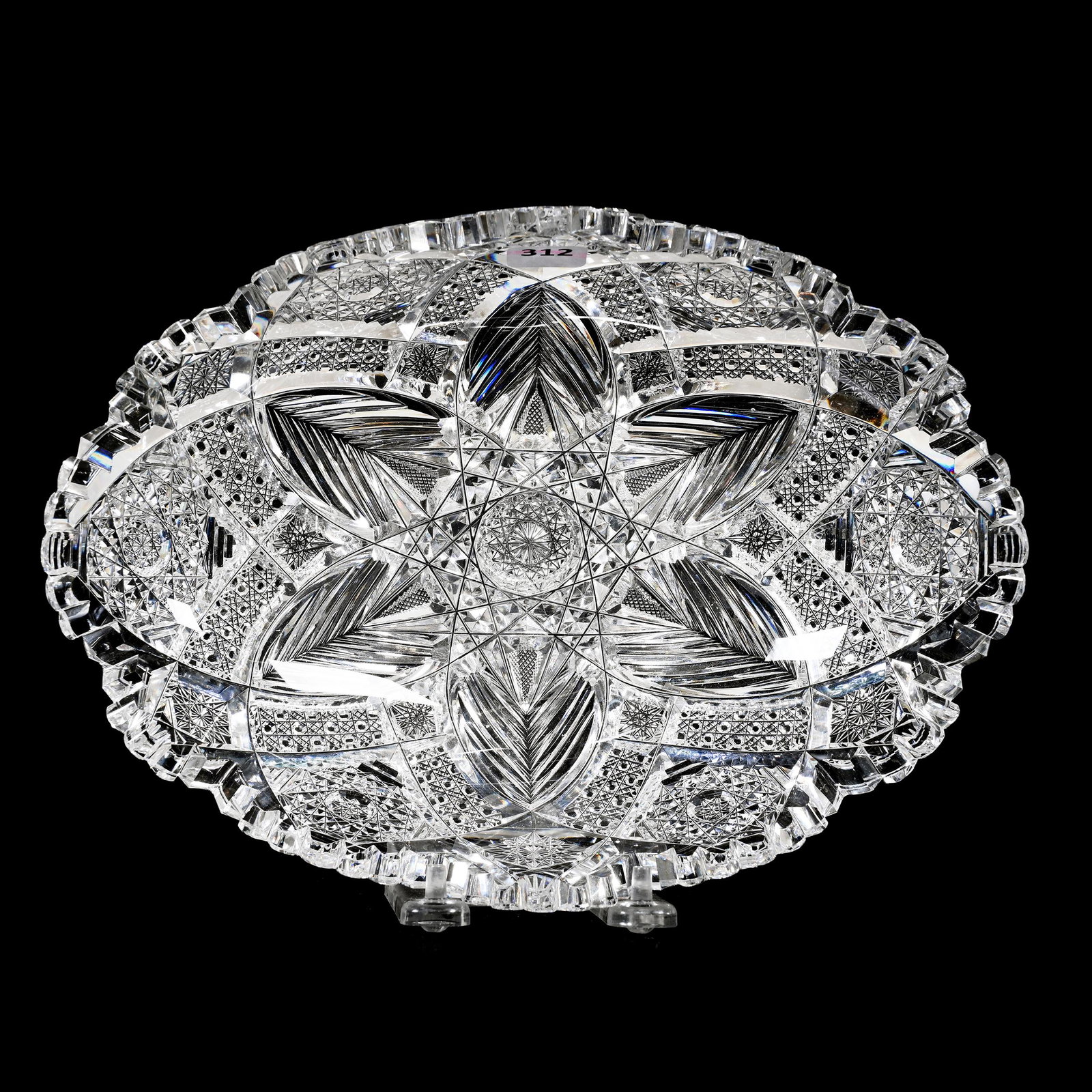 Folded Bowl, American Brilliant Cut Glass, Silver Leaf By Pairpoint: Folded Bowl, American Brilliant Cut Glass, Silver Leaf By Pairpoint, 3.5" x 10.75" x 7.5", Quality Blank, Outside Tooth Chip, Estate Of Dr. Barry and Dee Free.